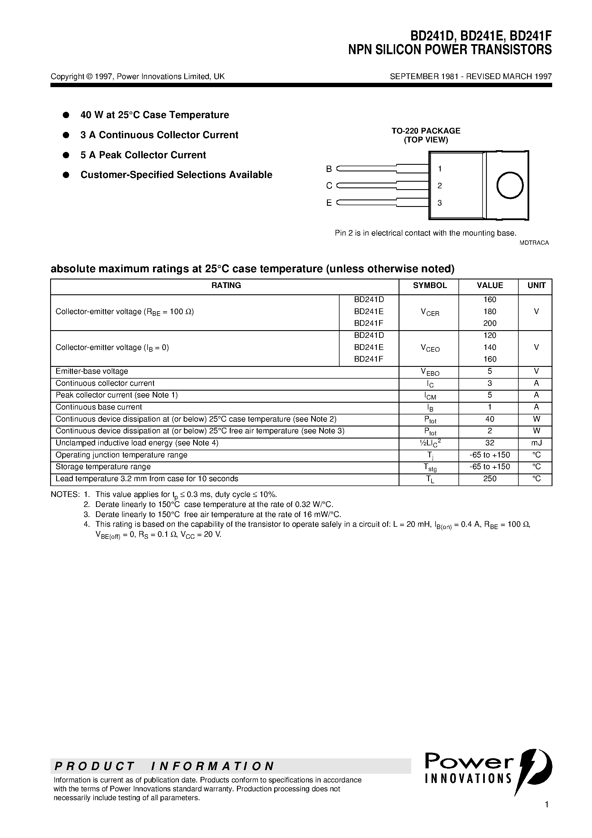 Даташит BD241D - NPN SILICON POWER TRANSISTORS страница 1