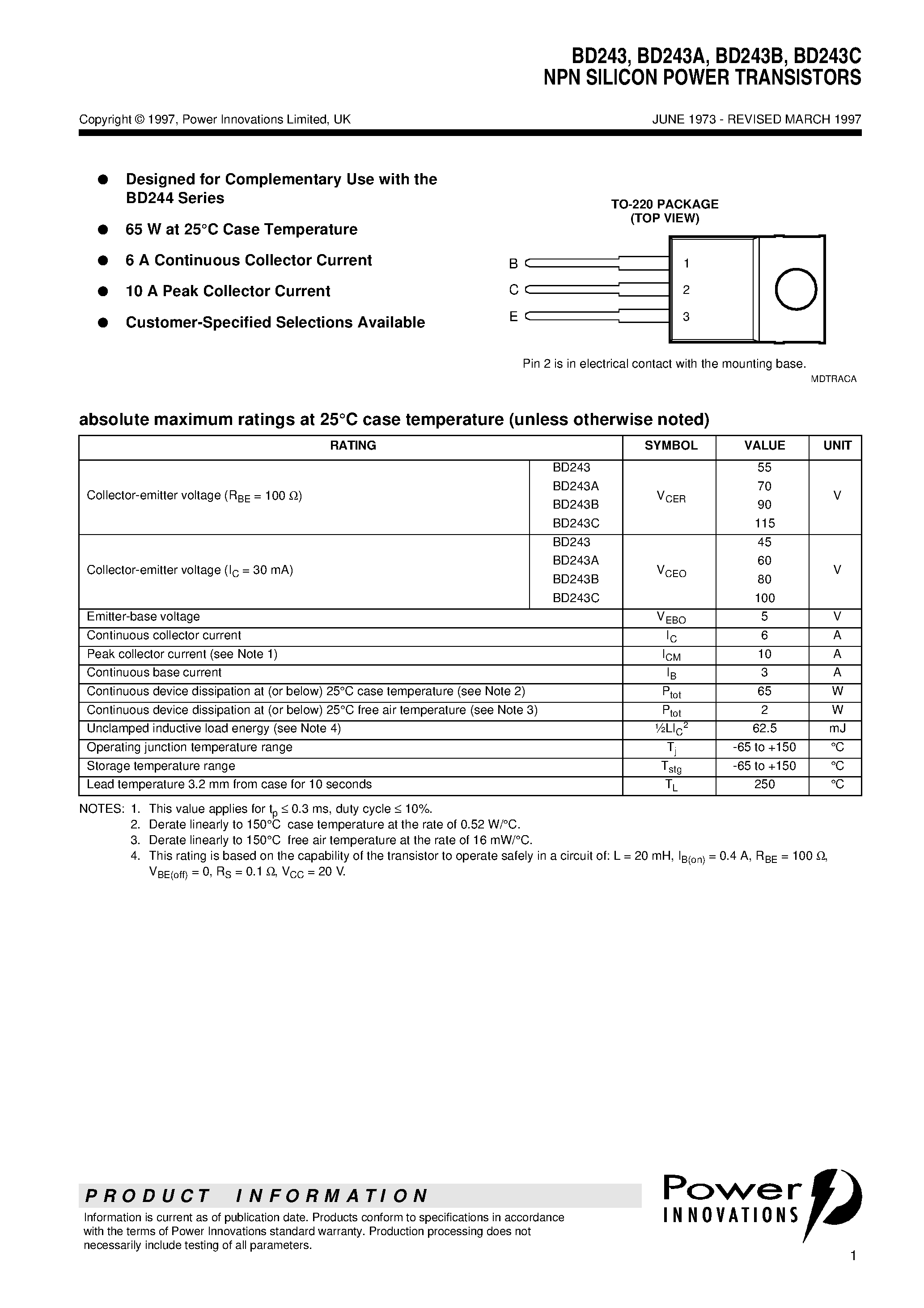 Даташит на микросхему BD243A страница 1 Даташит BD243A - NPN SILICON POWER TRANSISTORS страница 1