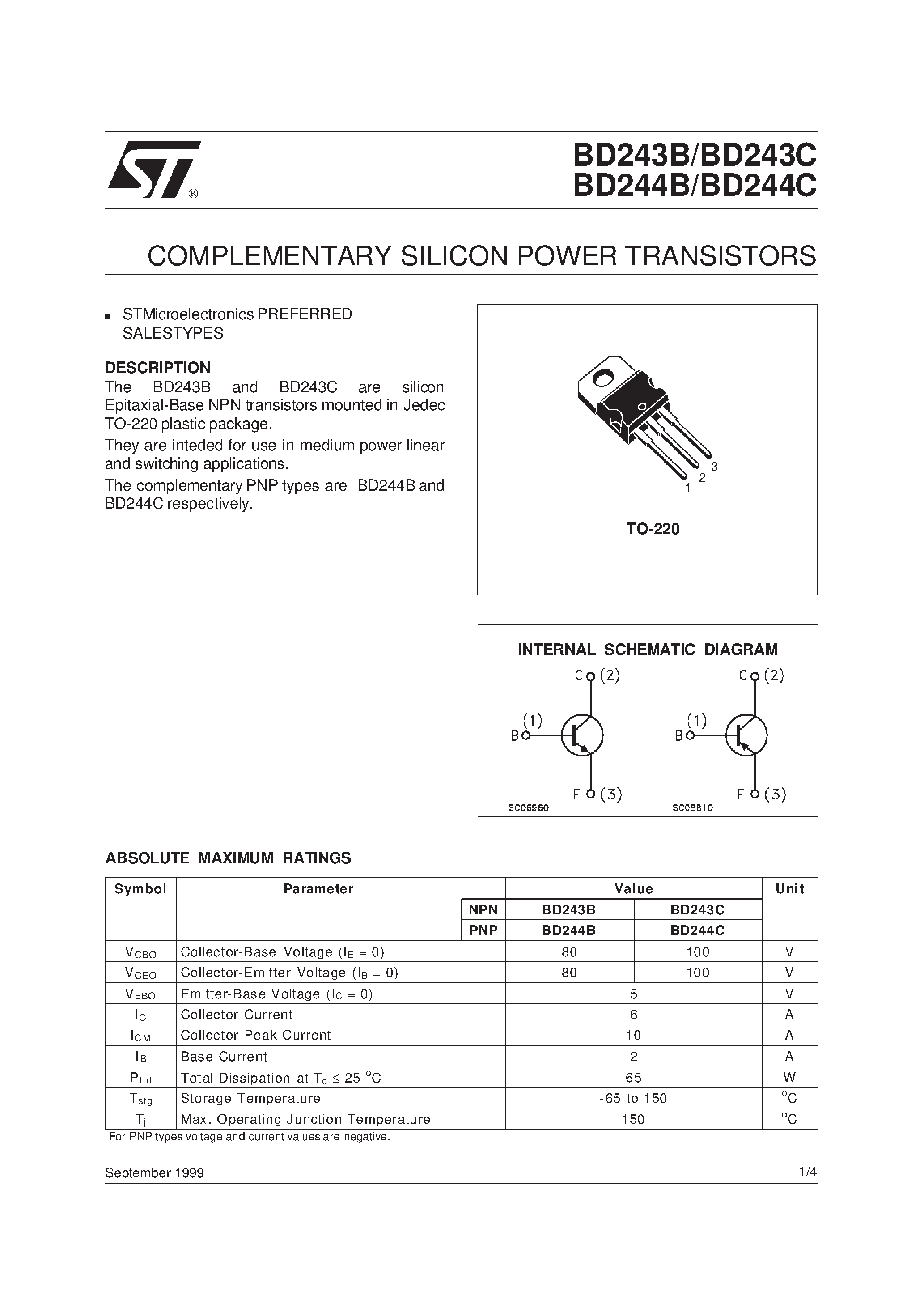 Даташит на микросхему BD243B страница 1 Даташит BD243B - COMPLEMENTARY SILICON POWER TRANSISTORS страница 1