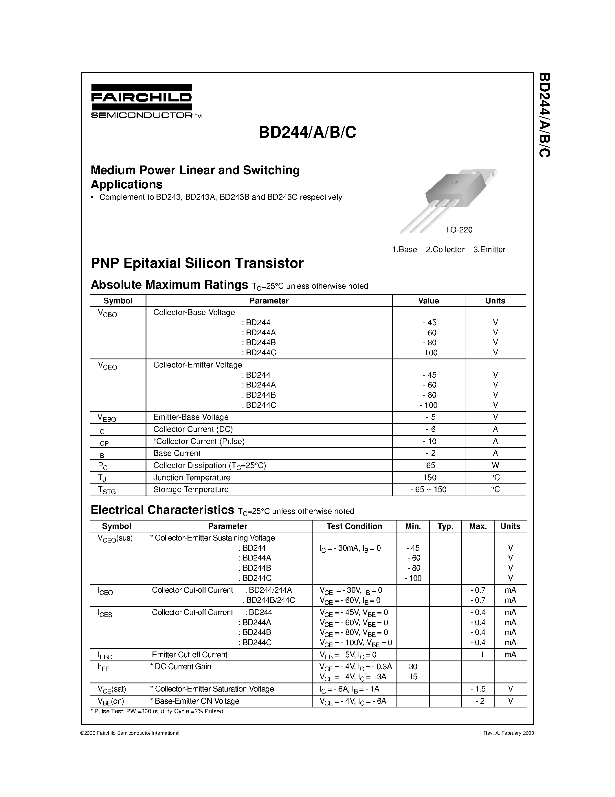 Даташит BD244B - Medium Power Linear and Switching Applications страница 1