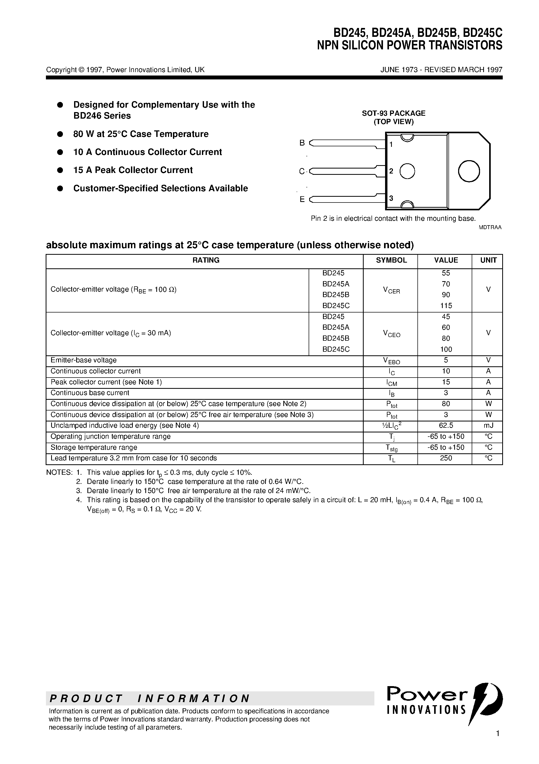 Даташит BD245 - NPN SILICON POWER TRANSISTORS страница 1