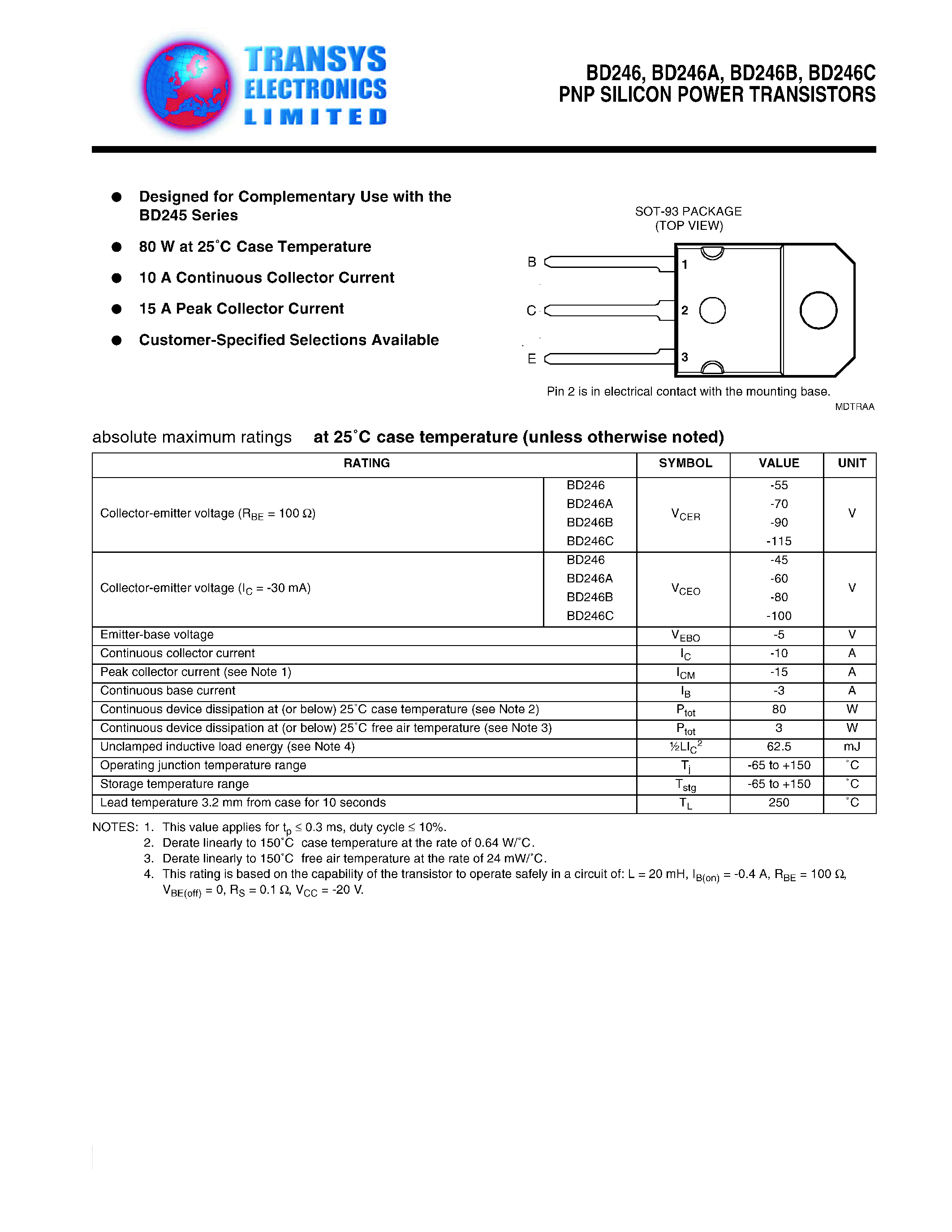 Даташит BD246C - PNP SILICON POWER TRANSISTORS страница 1