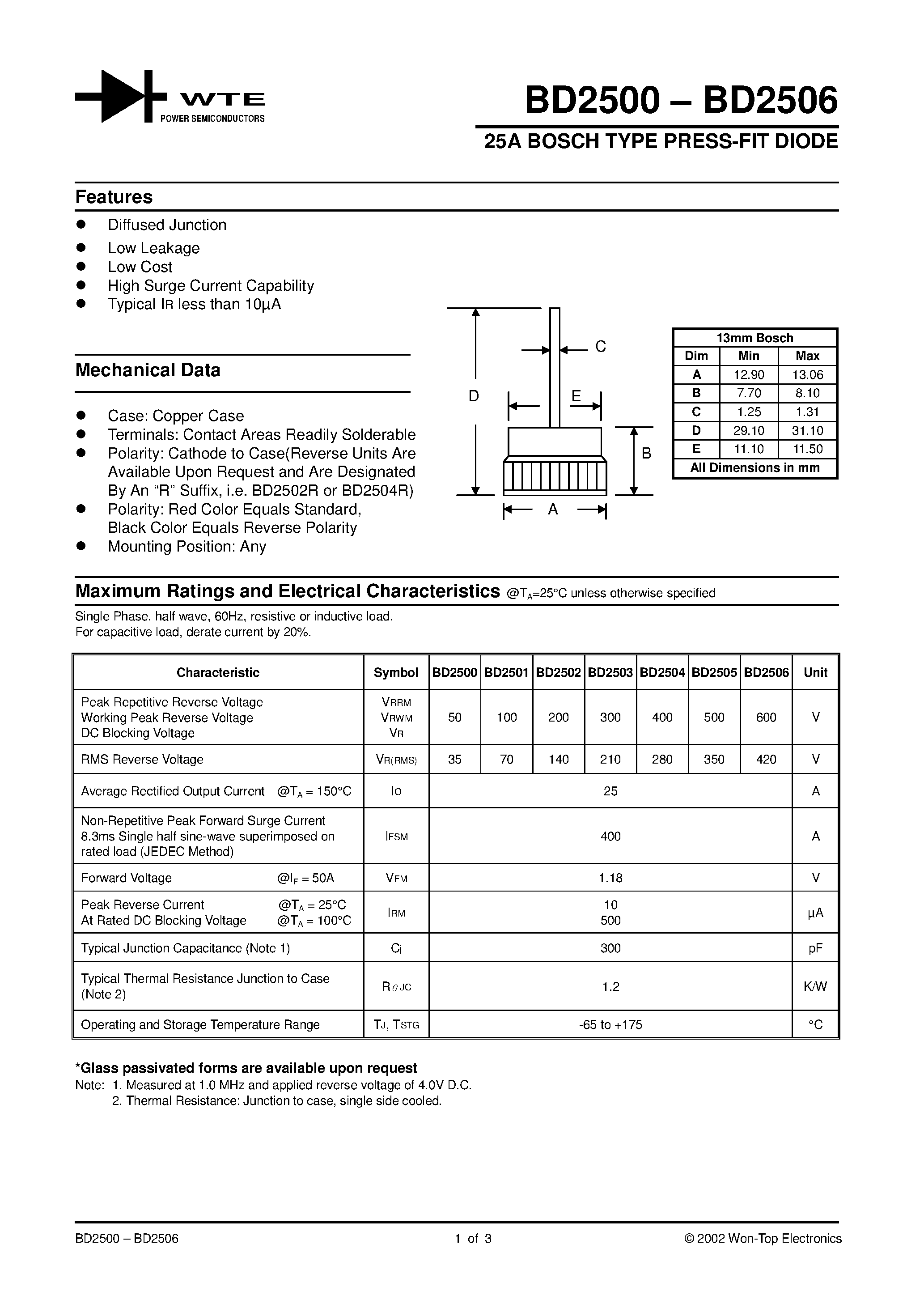 Datasheet BD2503 page 1 Datasheet BD2503 - 25A BOSCH TYPE PRESS-FIT DIODE page 1