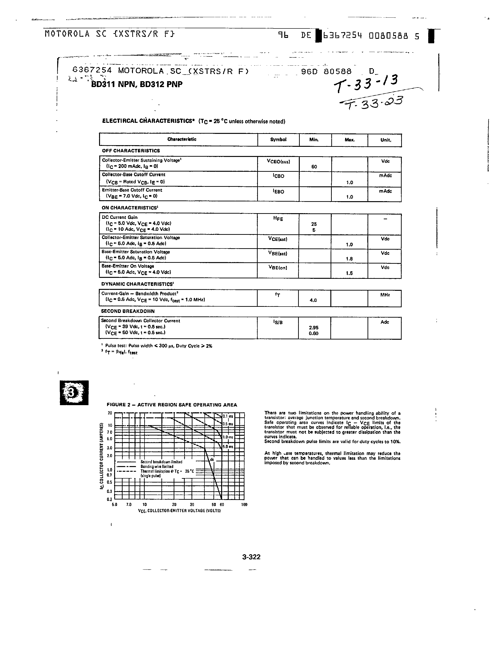 Даташит BD312 - 10 AMPERE COMPLEMENTARY SILICON POWER TRANSISTORS страница 2