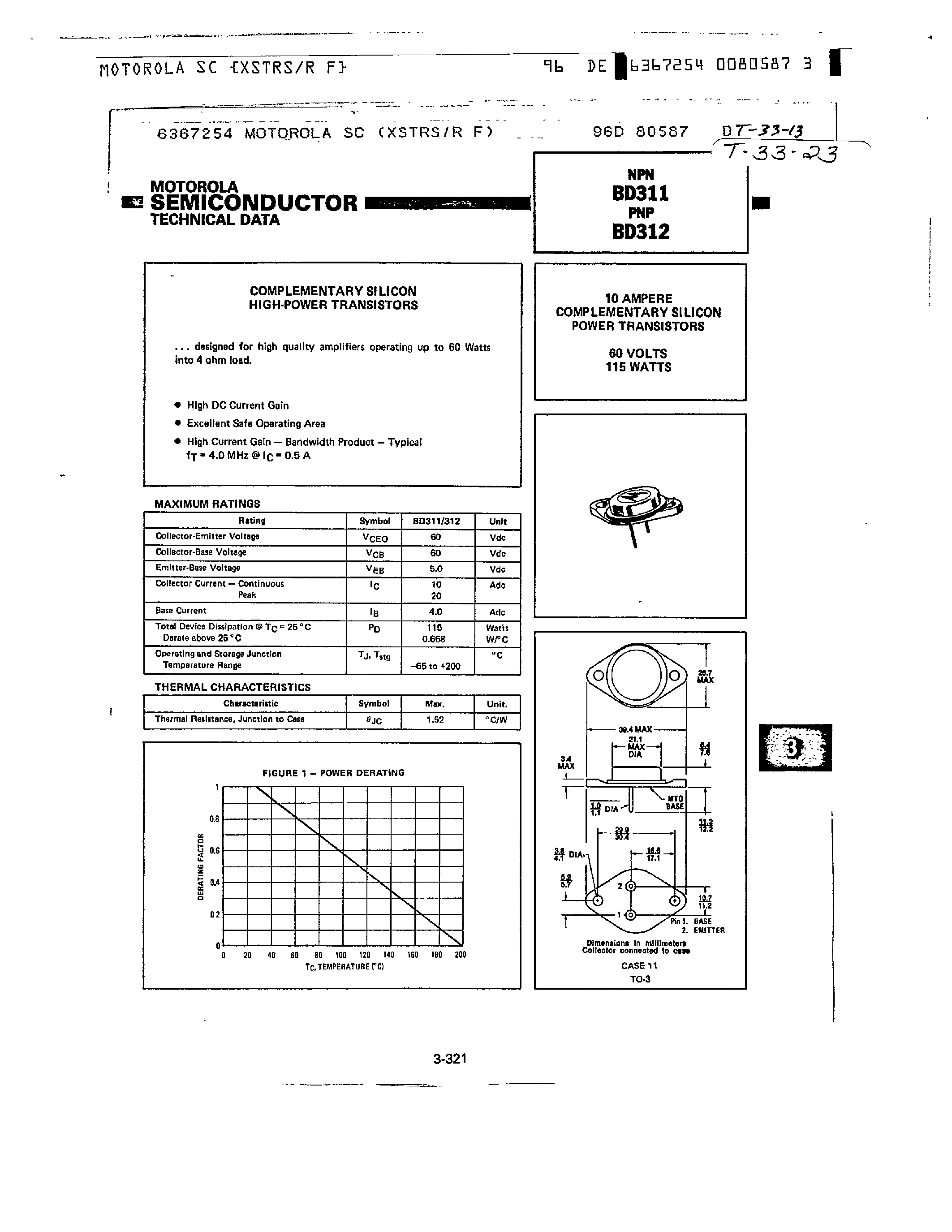 Даташит на микросхему BD312PNP страница 1 Даташит BD312PNP - 10 AMPERE COMPLEMENTARY SILICON POWER TRANSISTORS страница 1