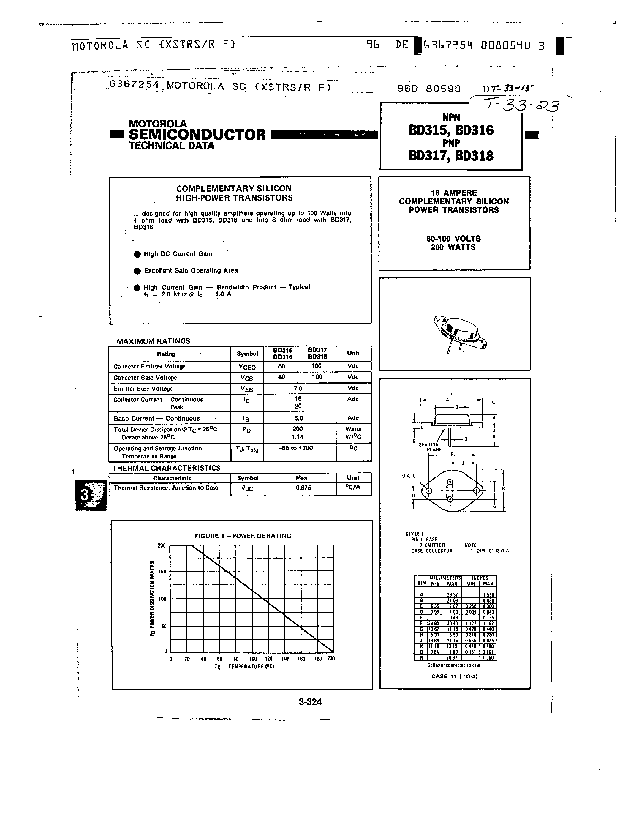 Даташит на микросхему BD315 страница 1 Даташит BD315 - 16 AMPERE COMPLEMENTARY SILICON POWER TRANSISTORS страница 1