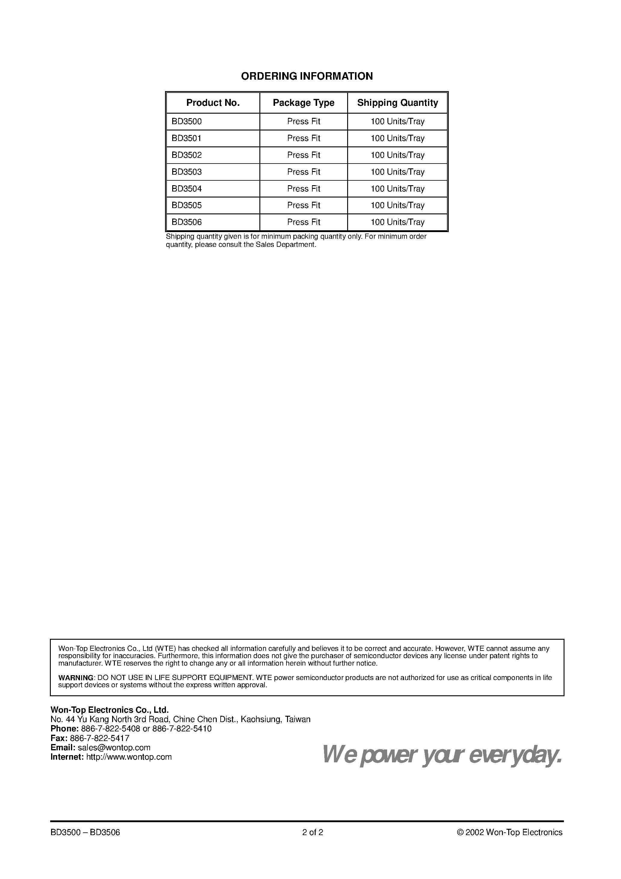 Datasheet BD3501 page 2 Datasheet BD3501 - 35A BOSCH TYPE PRESS-FIT DIODE page 2