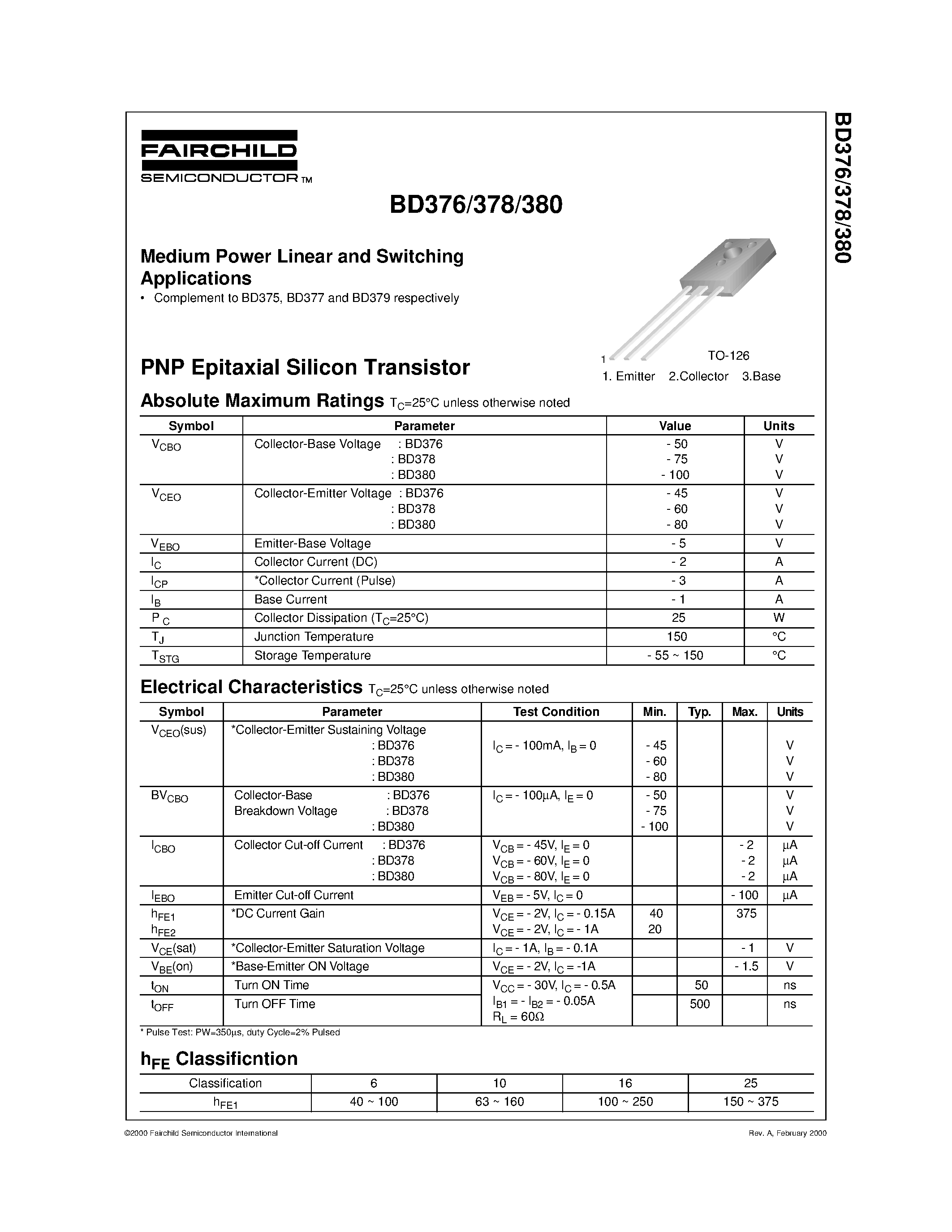 Даташит BD376 - Medium Power Linear and Switching Applications страница 1