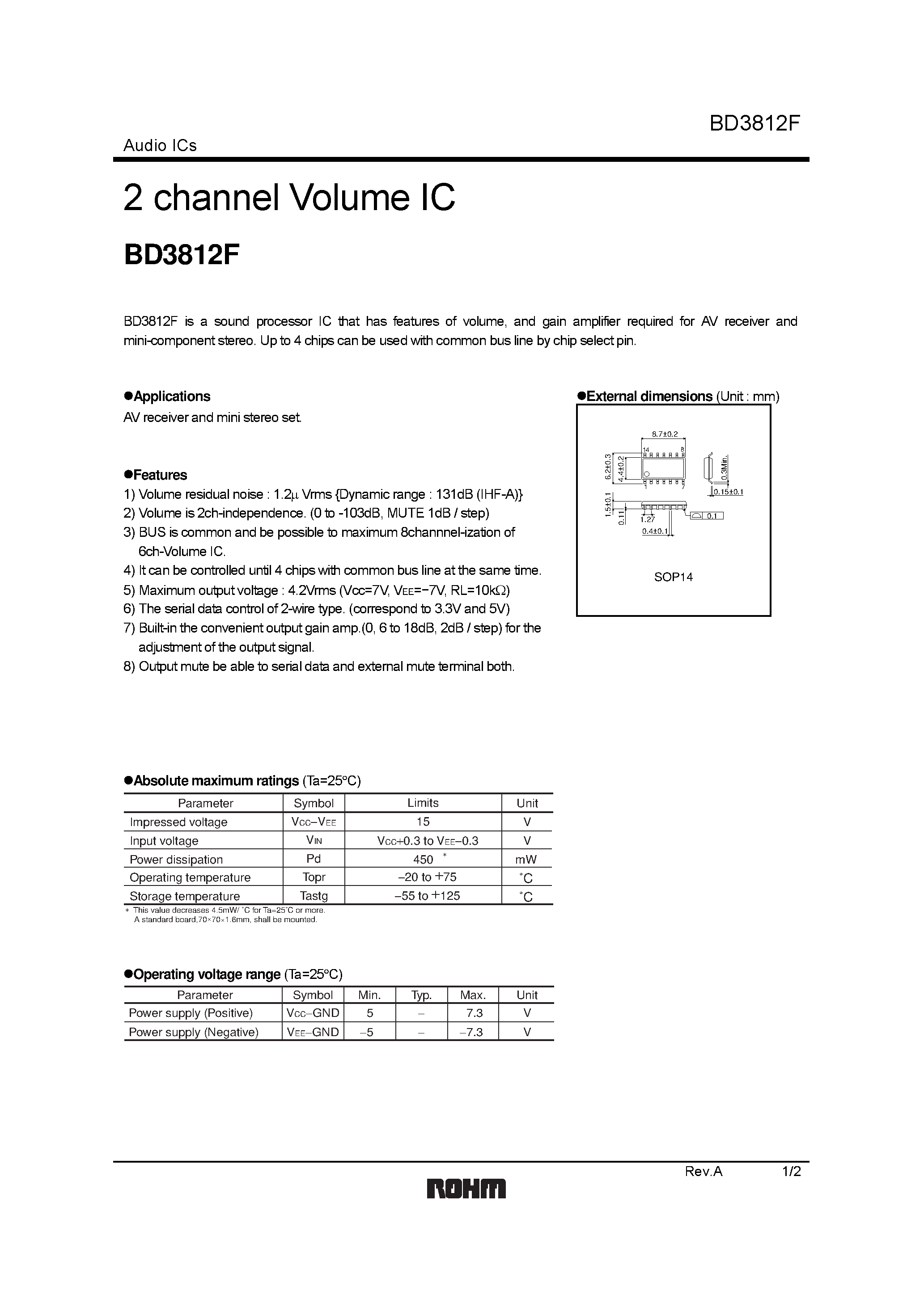 Даташит на микросхему BD3812F страница 1 Даташит BD3812F - 2 channel Volume IC страница 1