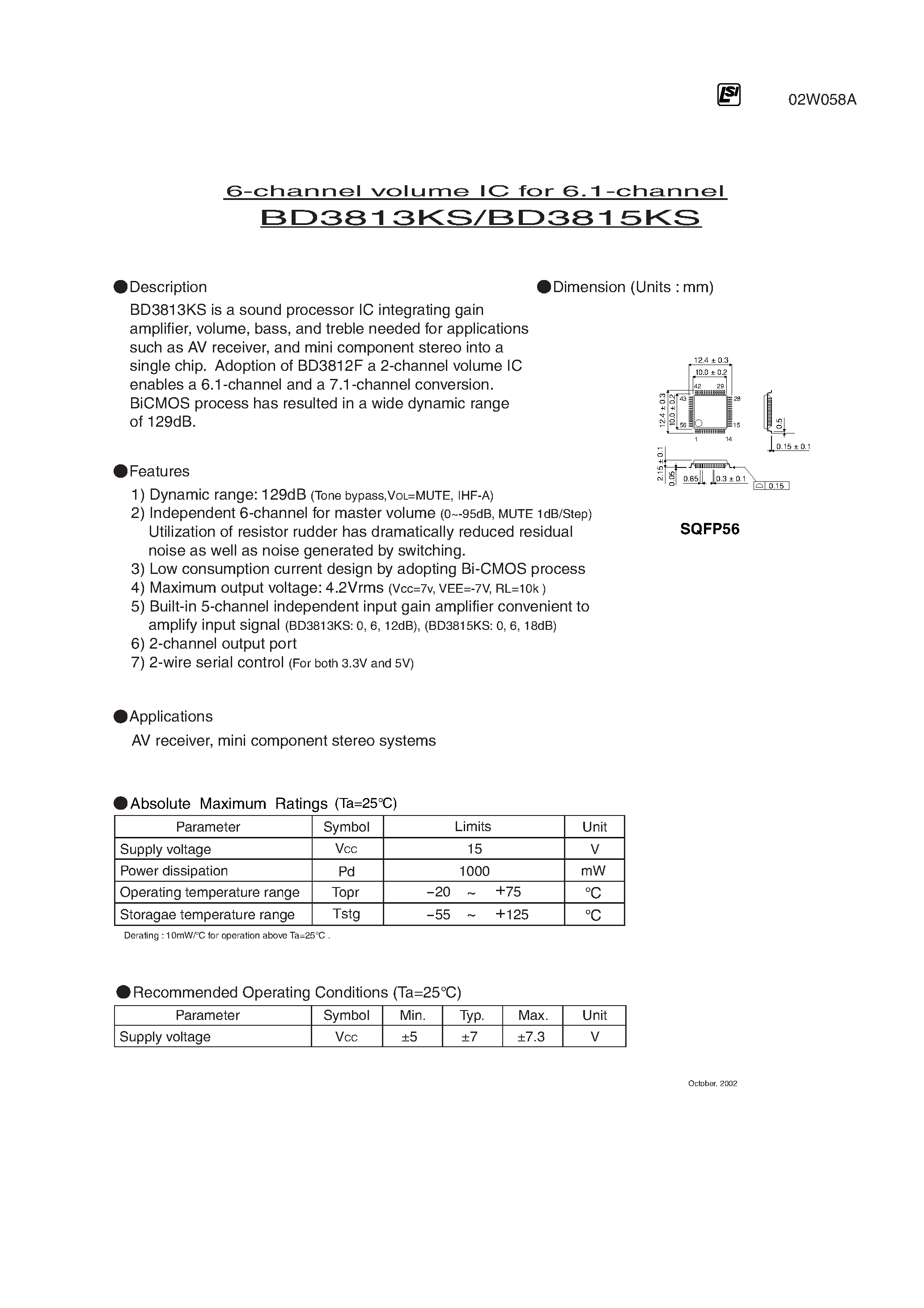 Datasheet BD3813KS - 6-channel volume IC for 6.1-channel page 1