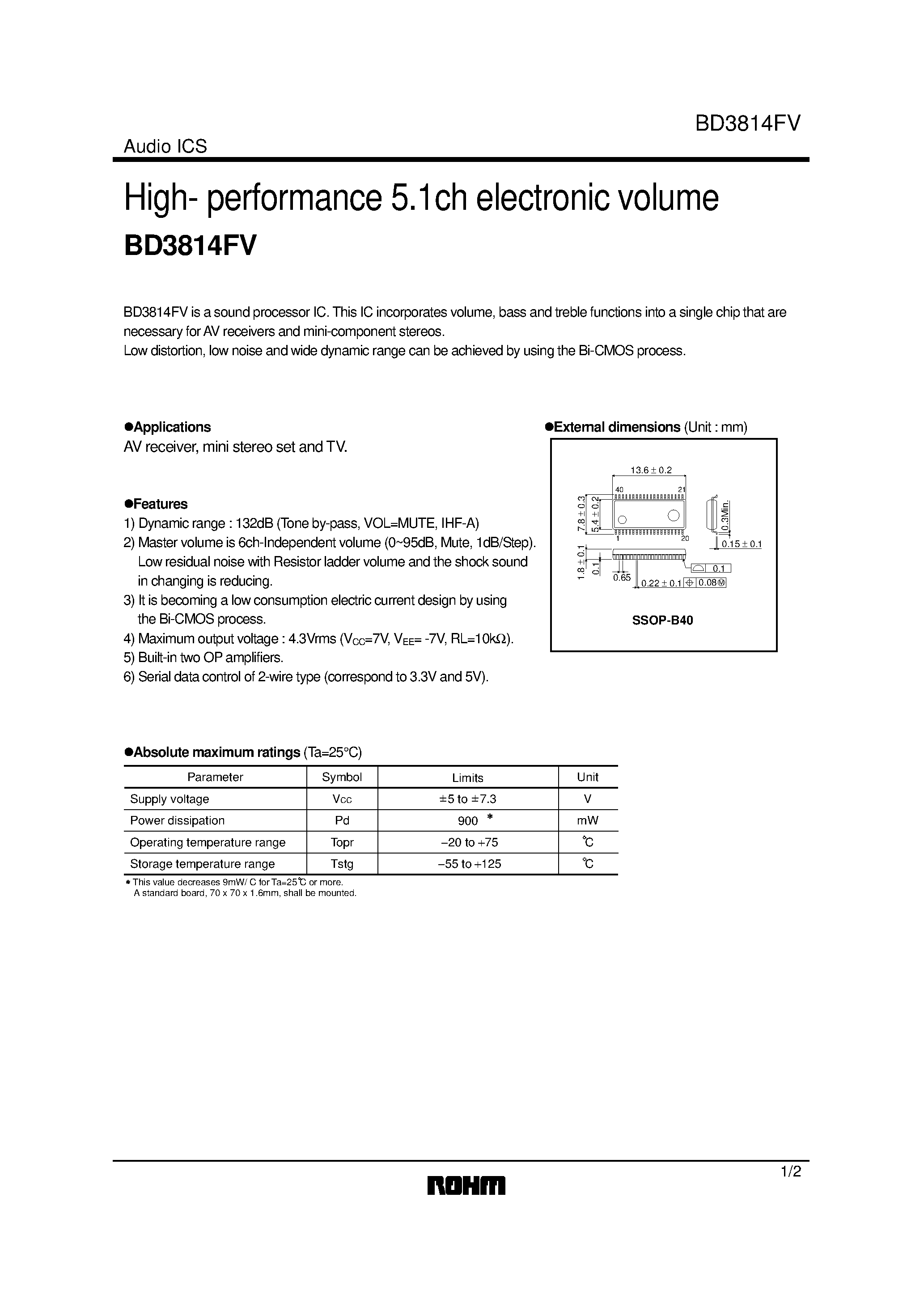 Datasheet BD3814FV - High- performance 5.1ch electronic volume page 1