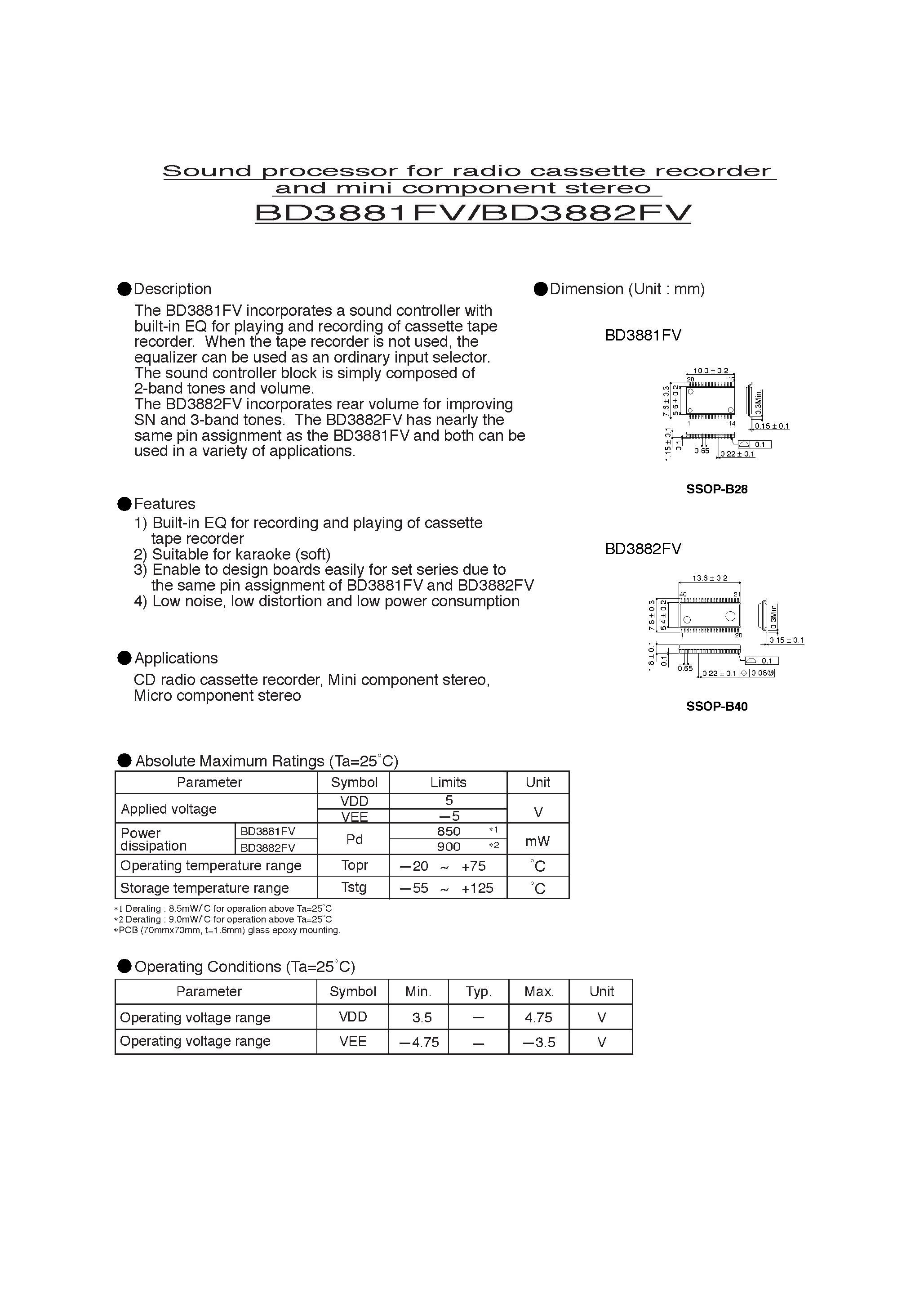 Даташит BD3882FV - Sound processor for radio cassette recorder and mini component stereo страница 1