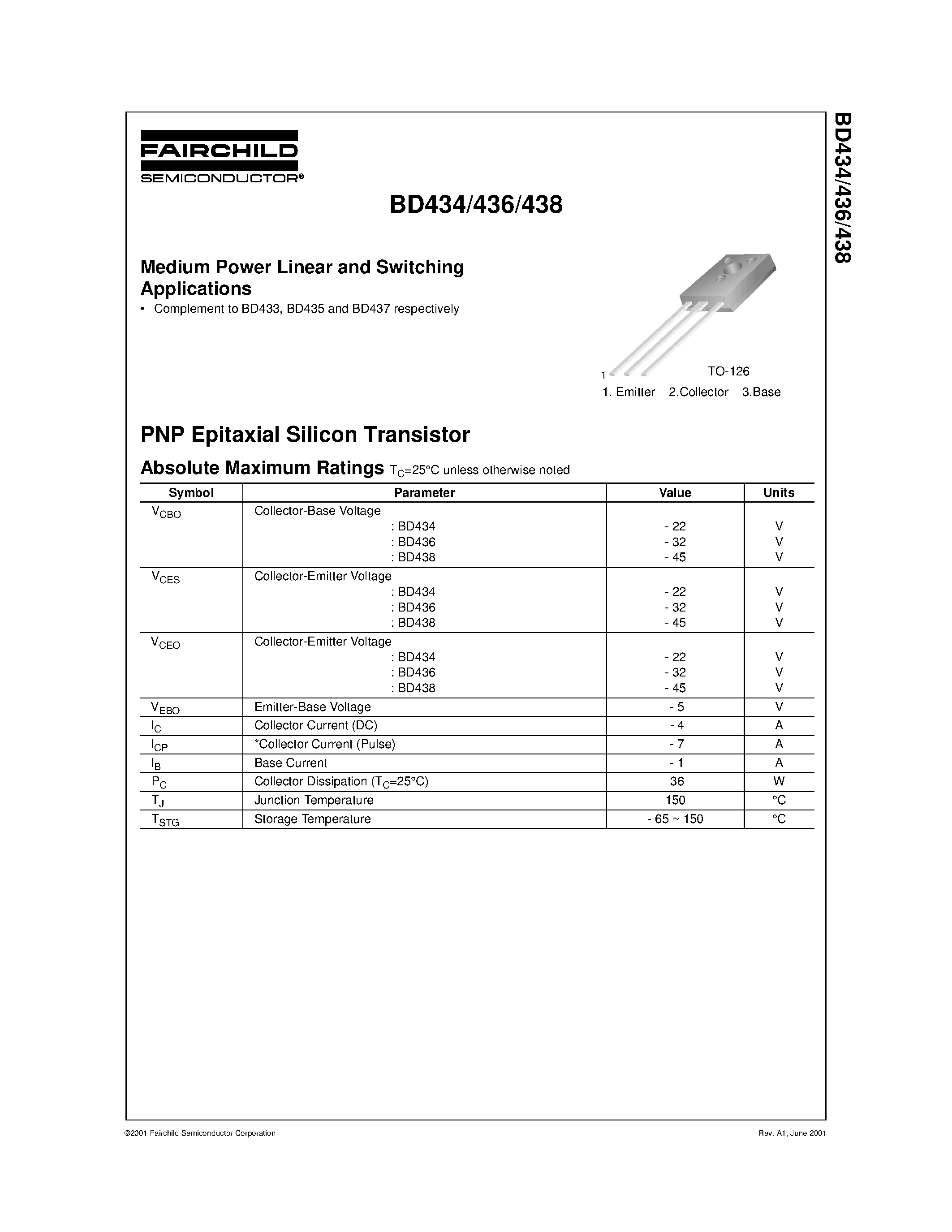Даташит на микросхему BD434 страница 1 Даташит BD434 - Medium Power Linear and Switching Applications страница 1