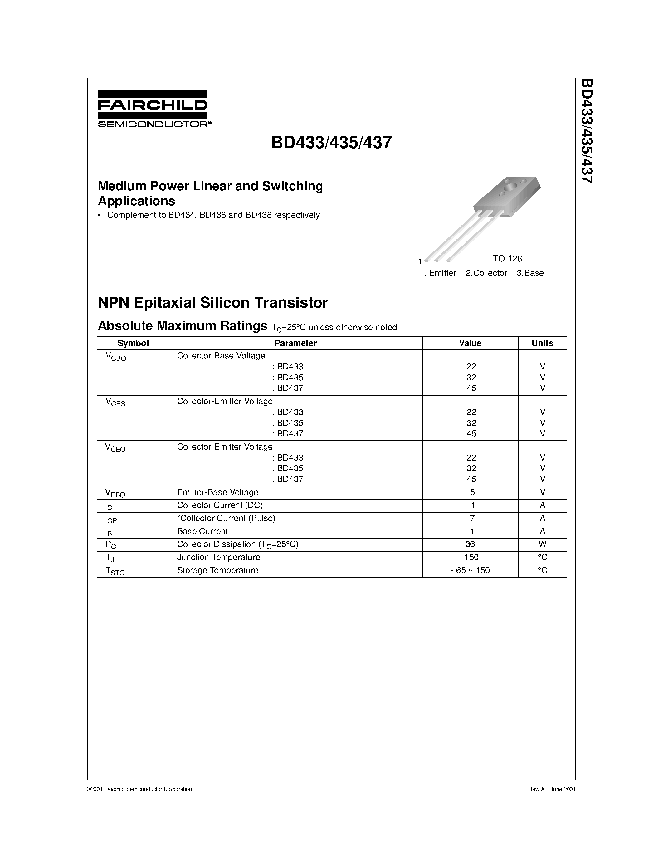 Даташит на микросхему BD437 страница 1 Даташит BD437 - Medium Power Linear and Switching Applications страница 1