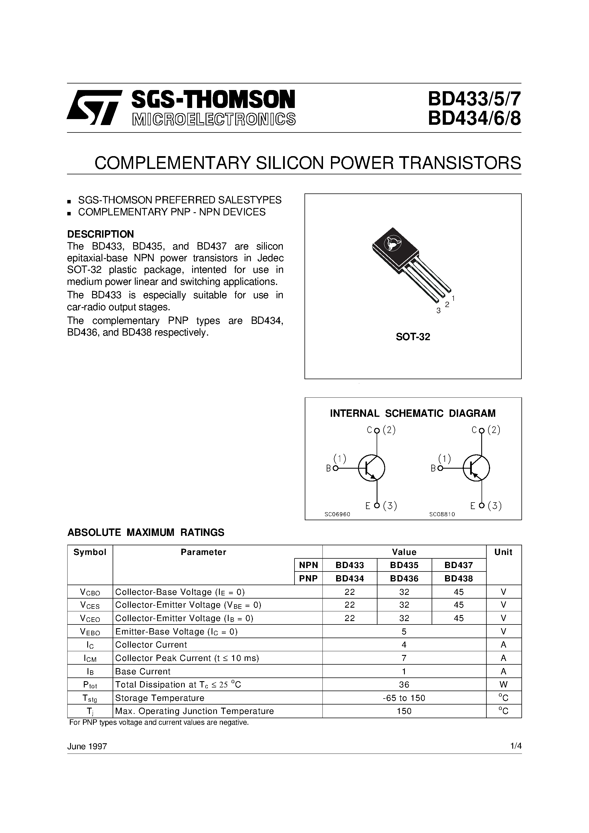 Даташит BD438 - COMPLEMENTARY SILICON POWER TRANSISTORS страница 1