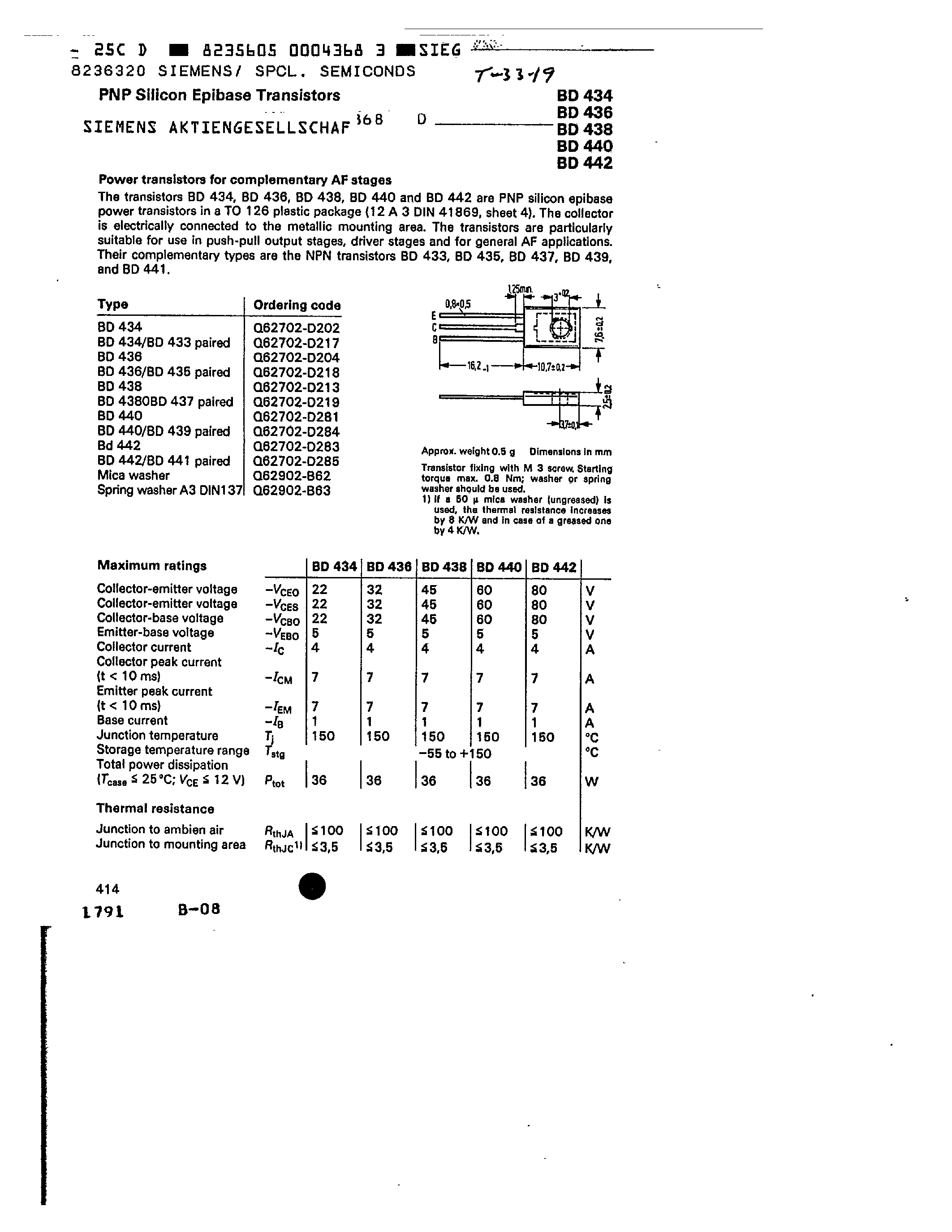 Даташит BD438 - PNP SILICON EPIBASE TRANSISTORS страница 1