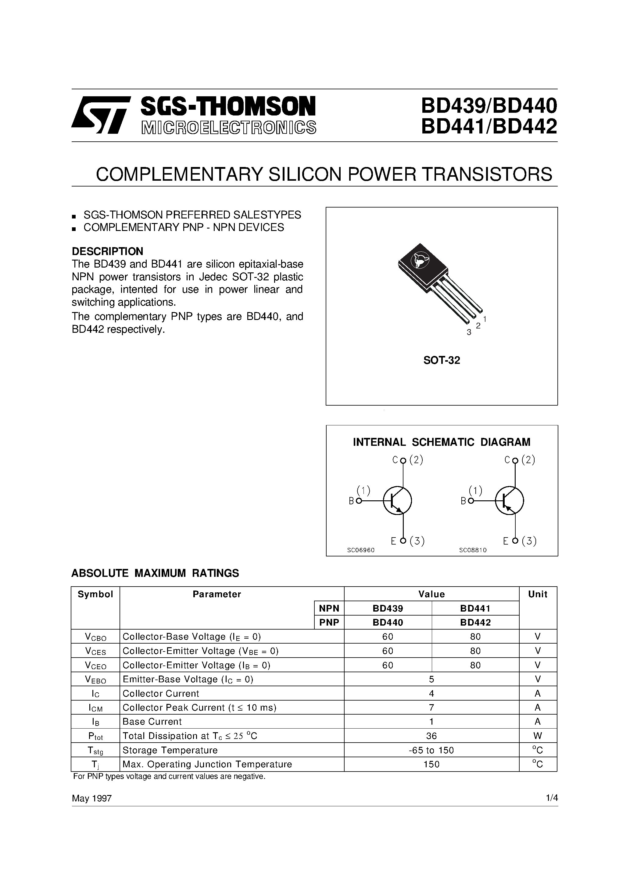 Даташит BD439 - COMPLEMENTARY SILICON POWER TRANSISTORS страница 1