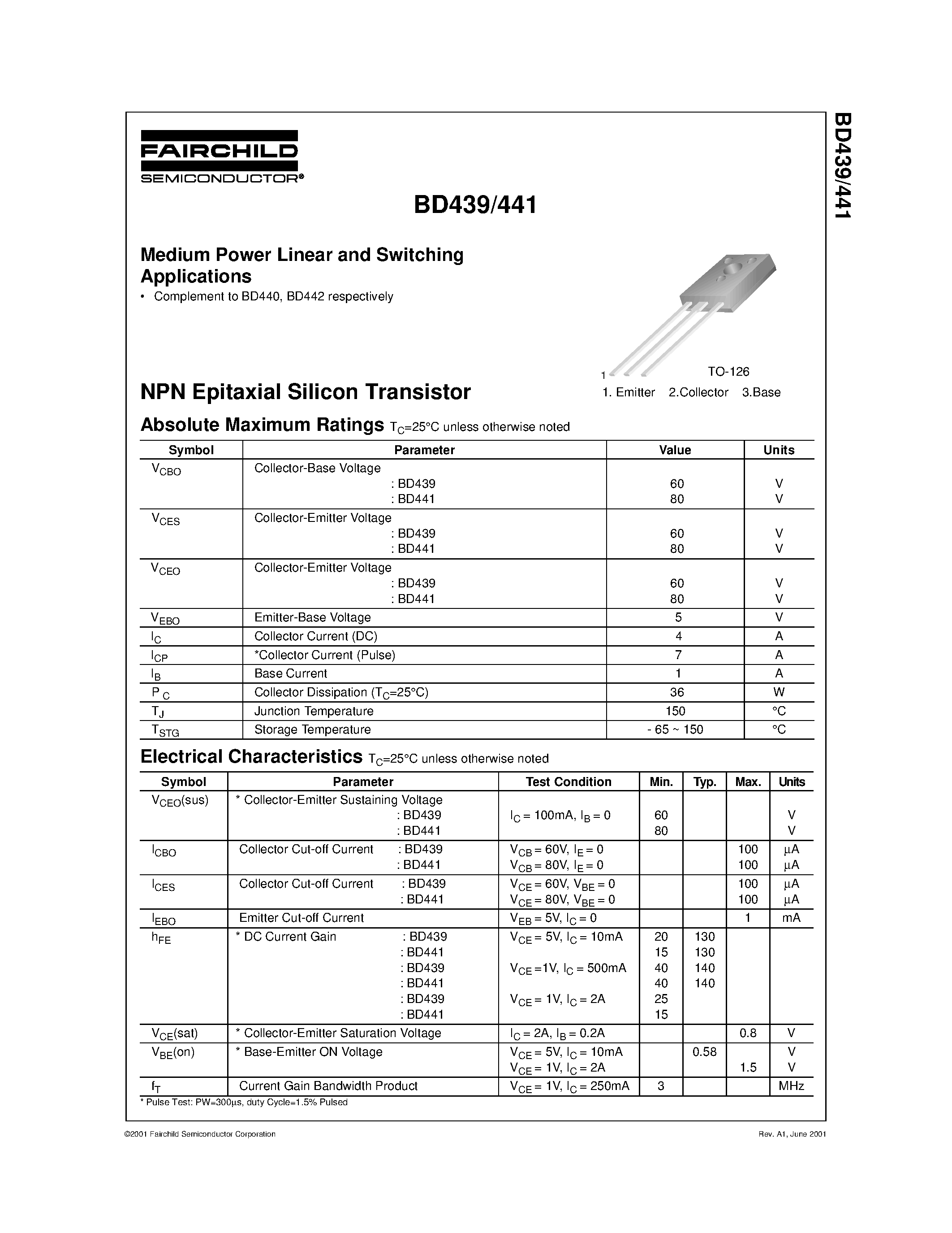 Даташит на микросхему BD439 страница 1 Даташит BD439 - Medium Power Linear and Switching Applications страница 1