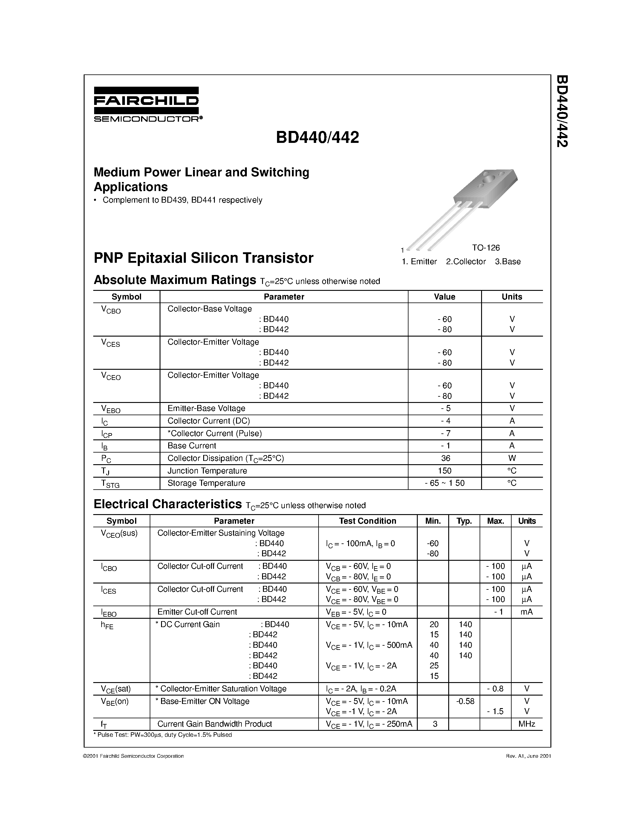 Даташит на микросхему BD442 страница 1 Даташит BD442 - Medium Power Linear and Switching Applications страница 1