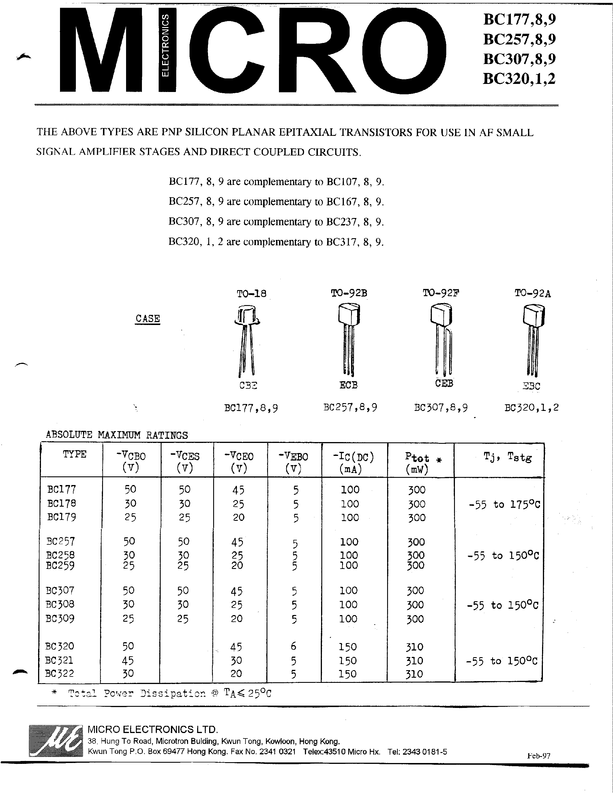 Datasheet BC308C - Amplifier Transistors(PNP) page 1
