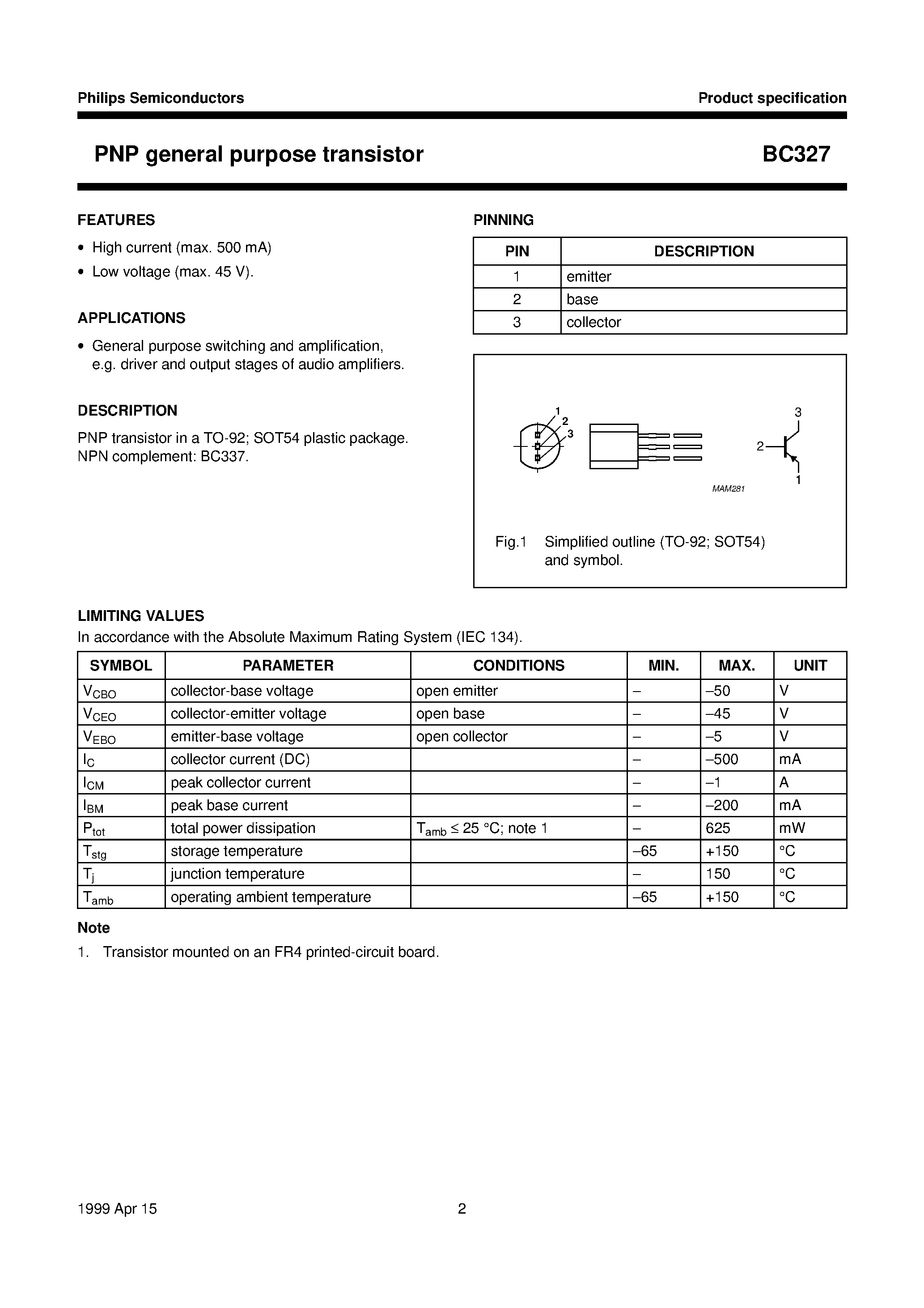 Даташит на микросхему BC327 страница 2 Даташит BC327 - PNP Silicon Epitaxial Planar Transistor for switching and amplifier applications страница 2