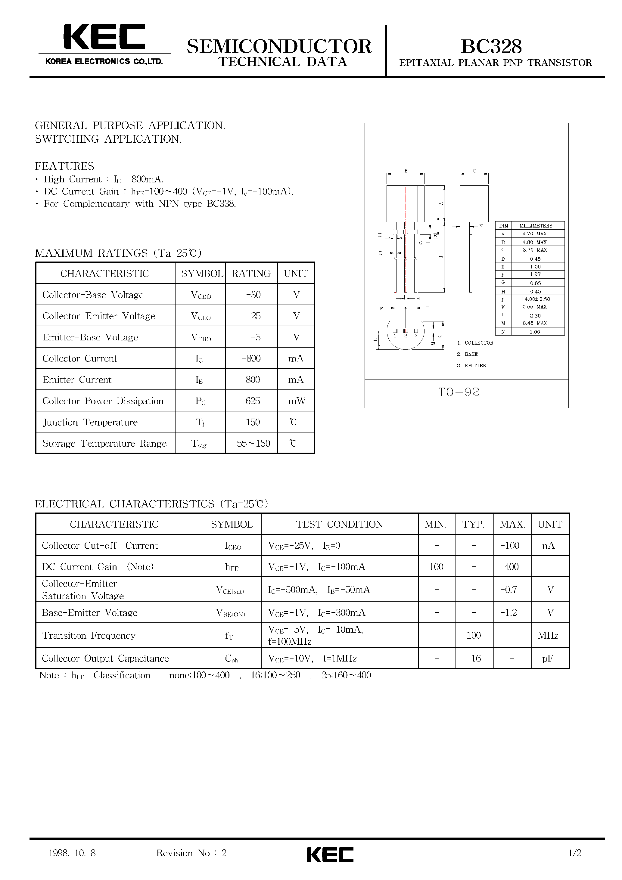 Datasheet BC328 page 1 Datasheet BC328 - PNP EPITAXIAL SILICON TRANSISTOR page 1