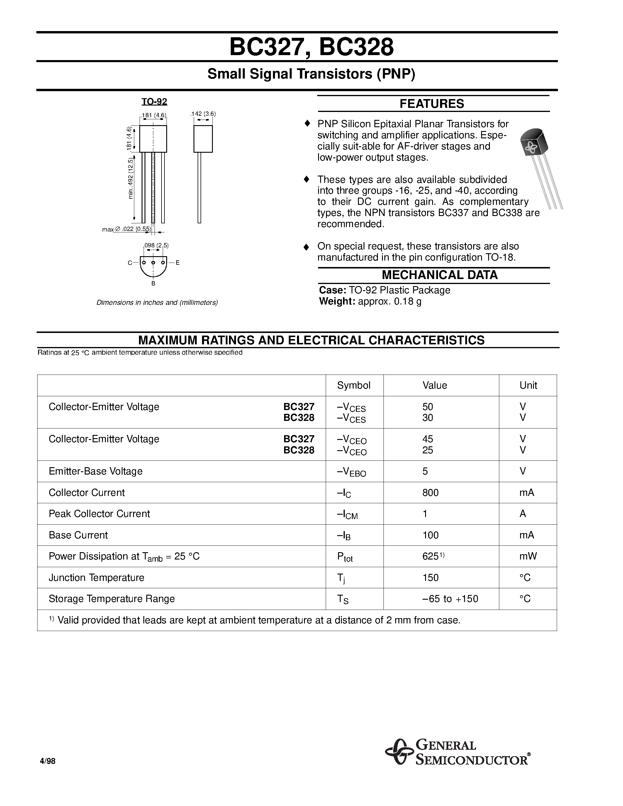 Datasheet BC328 page 1 Datasheet BC328 - PNP SILICON AF MEDIUM POWER TRANSISTOR page 1