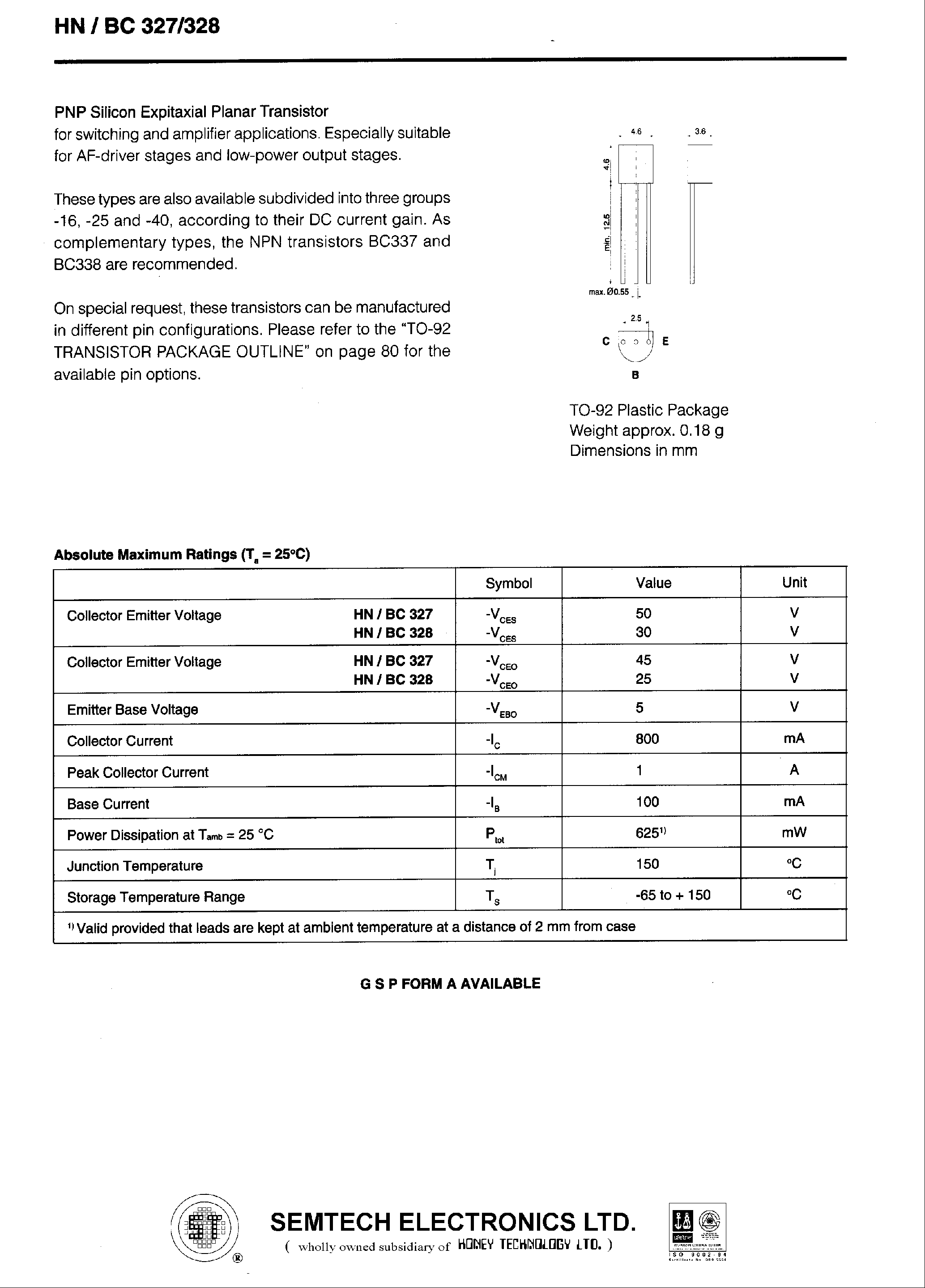 Datasheet BC328 page 1 Datasheet BC328 - Si-Epitaxial PlanarTransistors page 1
