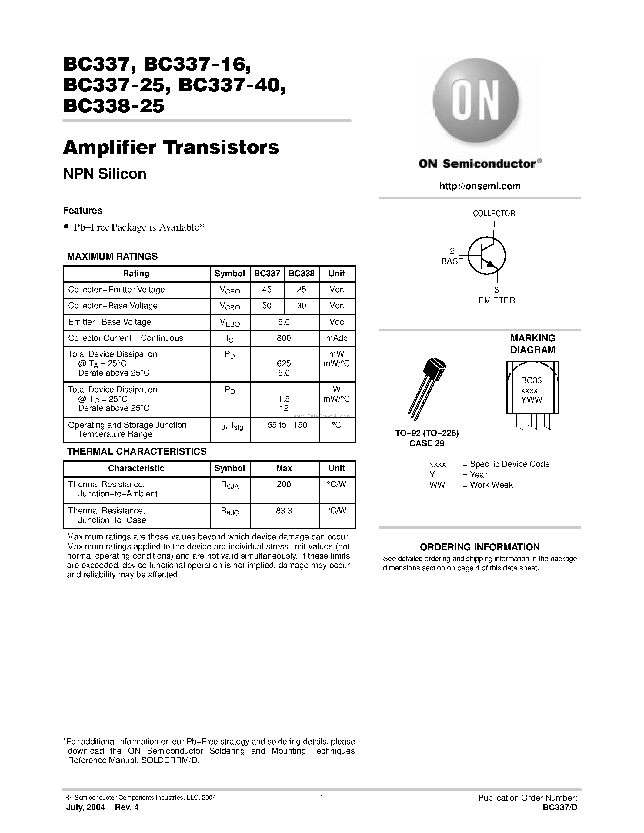 Datasheet BC337-25 page 1 Datasheet BC337-25 - Amplifier Transistors(NPN Silicon) page 1