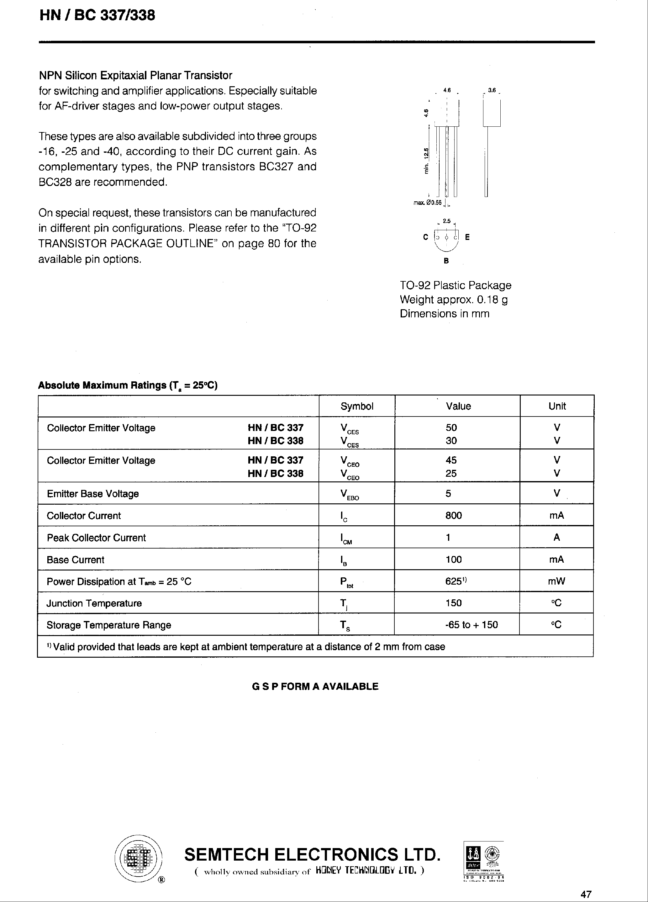 Даташит на микросхему BC338 страница 1 Даташит BC338 - Si-Epitaxial PlanarTransistors страница 1