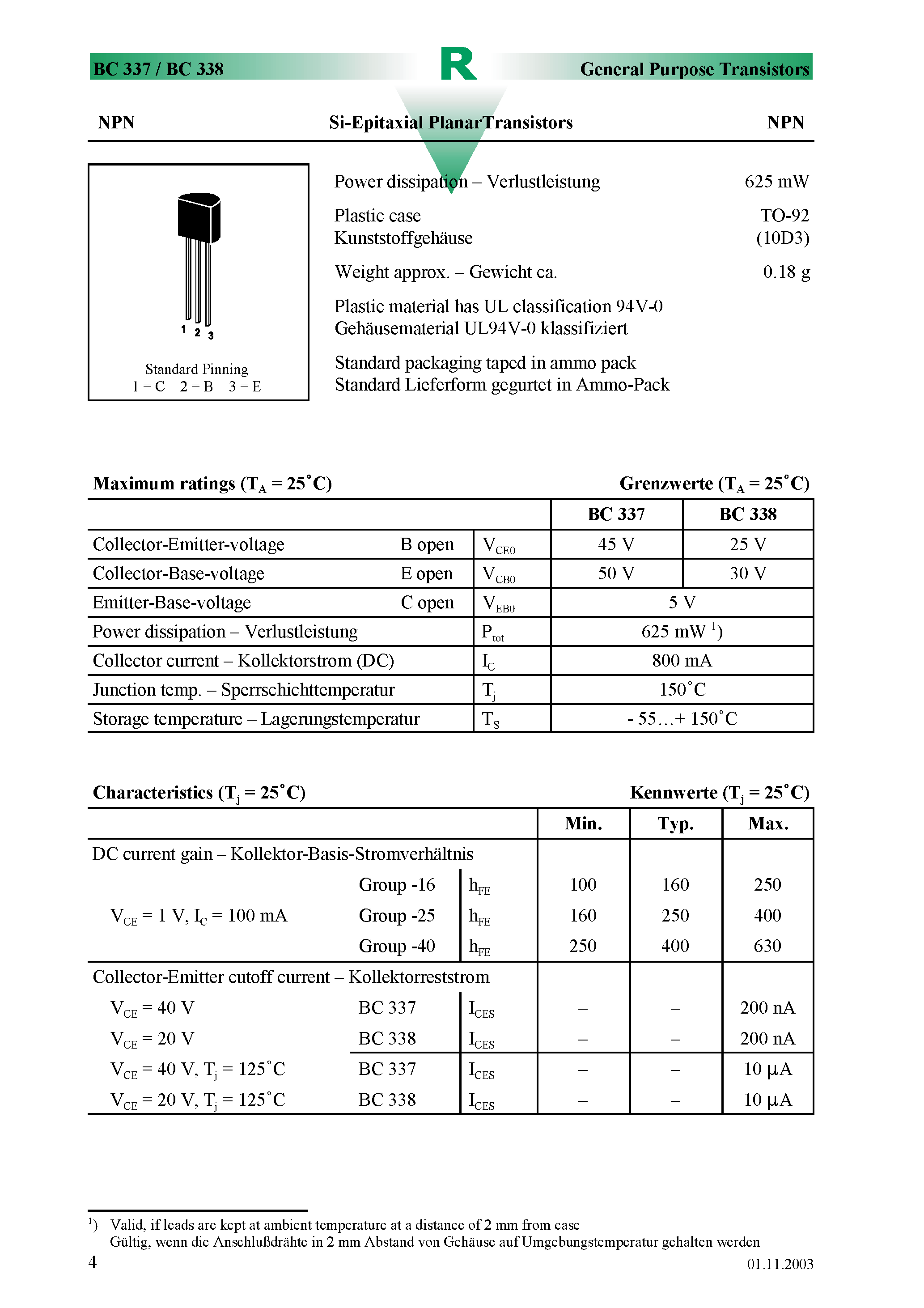 Datasheet BC338-40 - Amplifier Transistor page 1