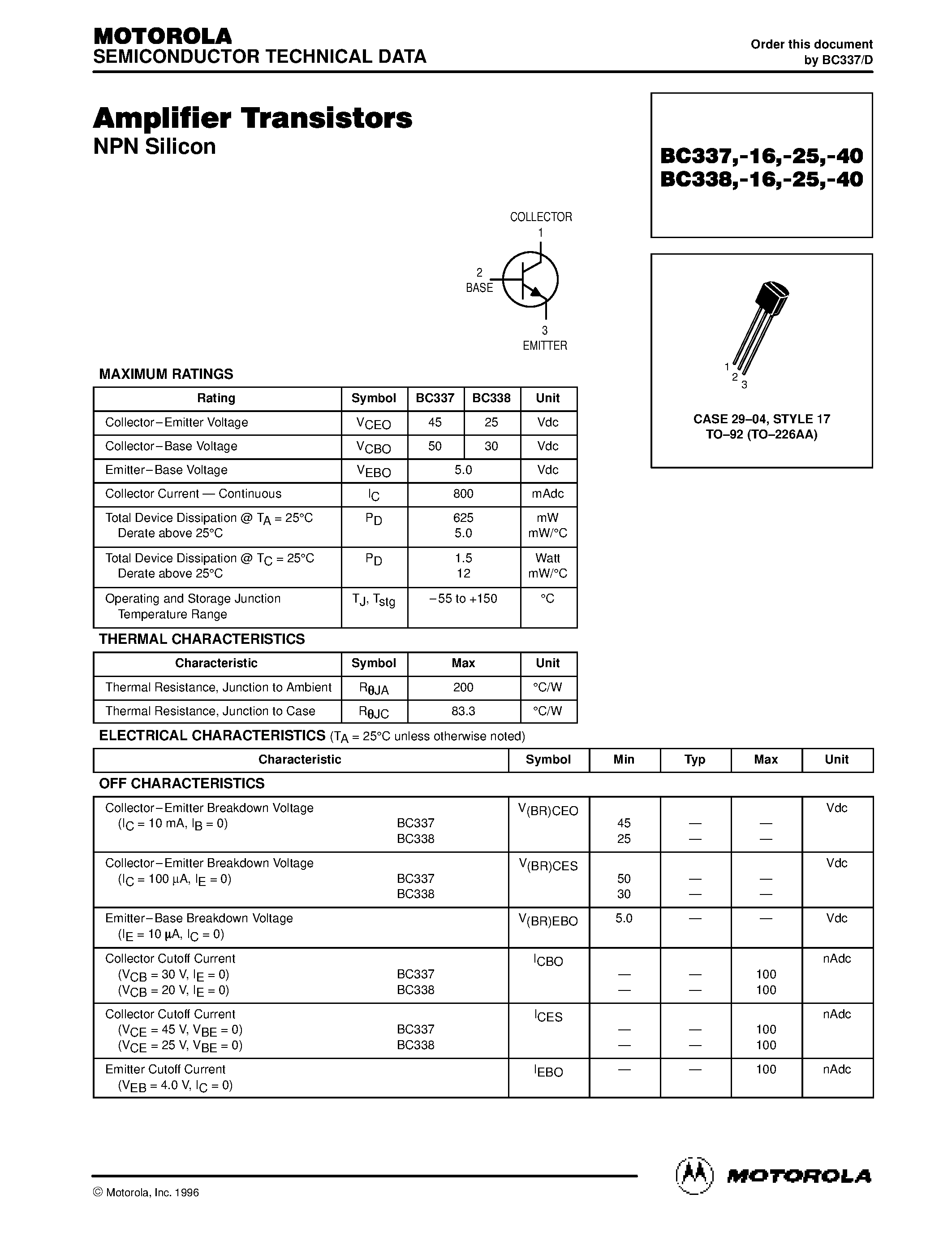 Datasheet BC338-40 - Amplifier Transistors(NPN Silicon) page 1