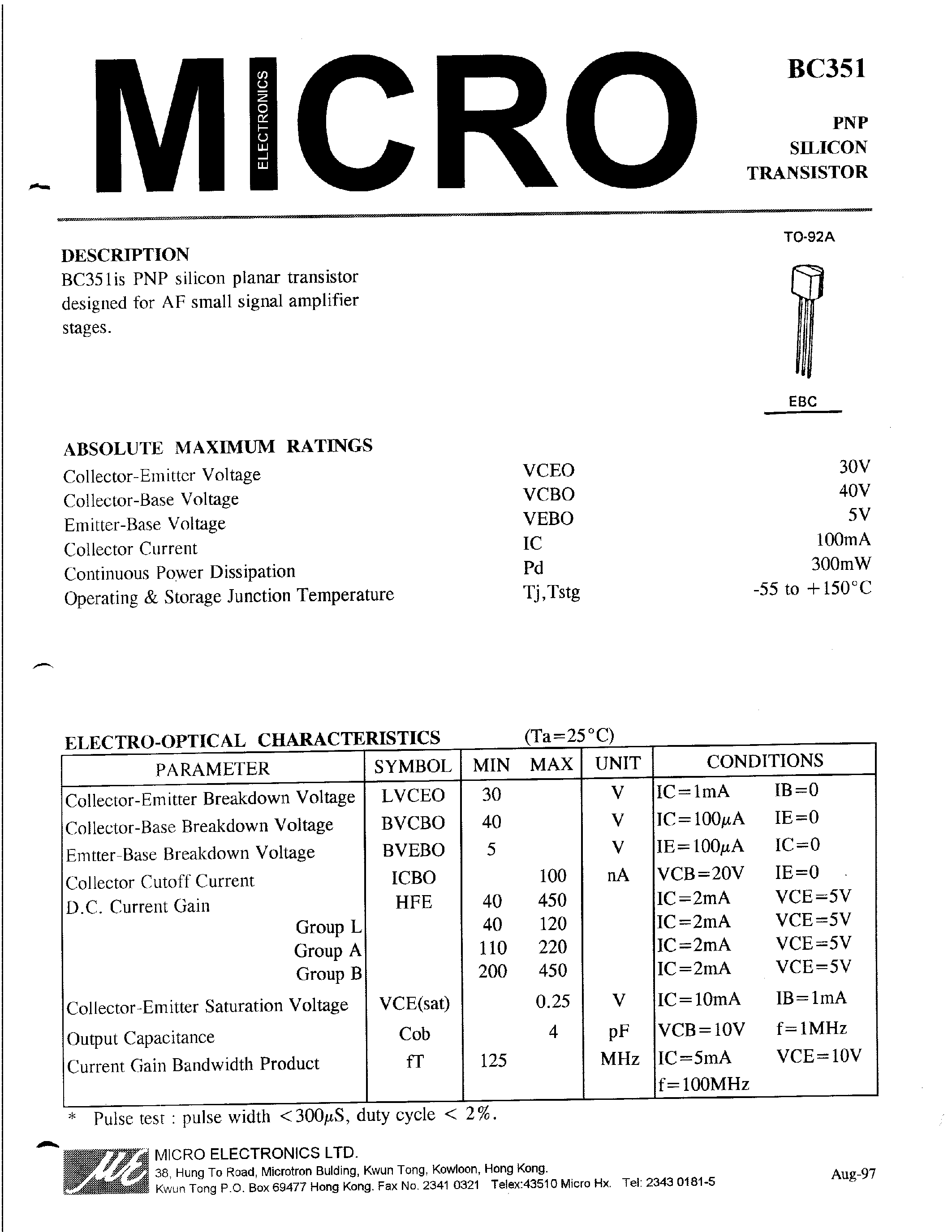 Datasheet BC368 - Amplifier Transistors page 1