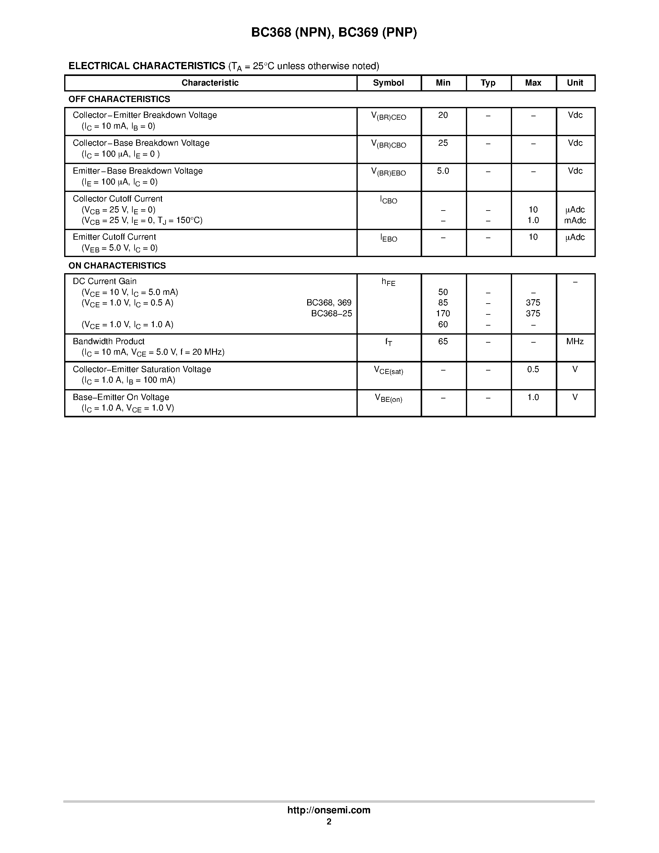 Даташит BC368 - Amplifier Transistors страница 2