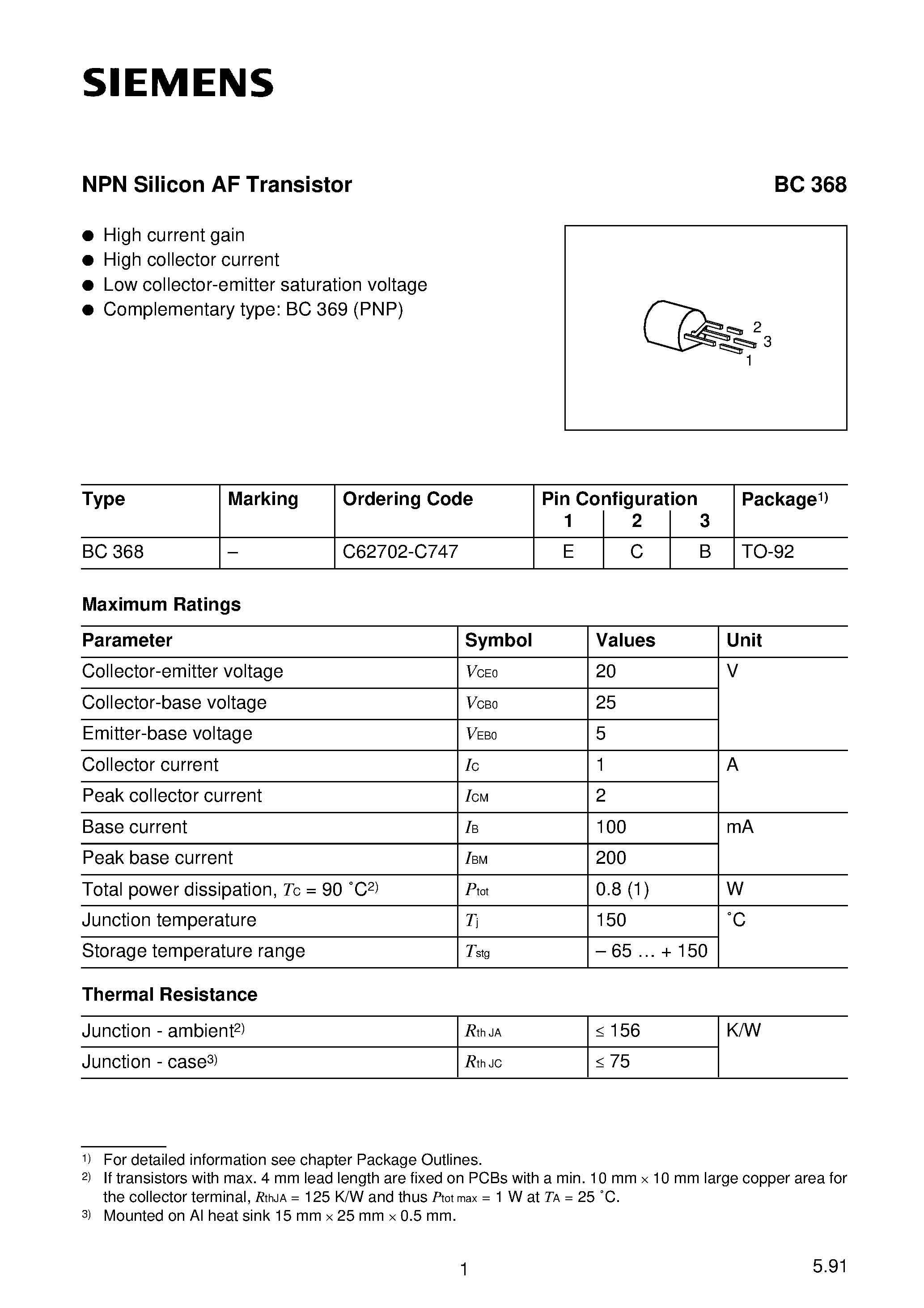 Datasheet BC368 page 1 Datasheet BC368 - NPN General Purpose Amplifier page 1