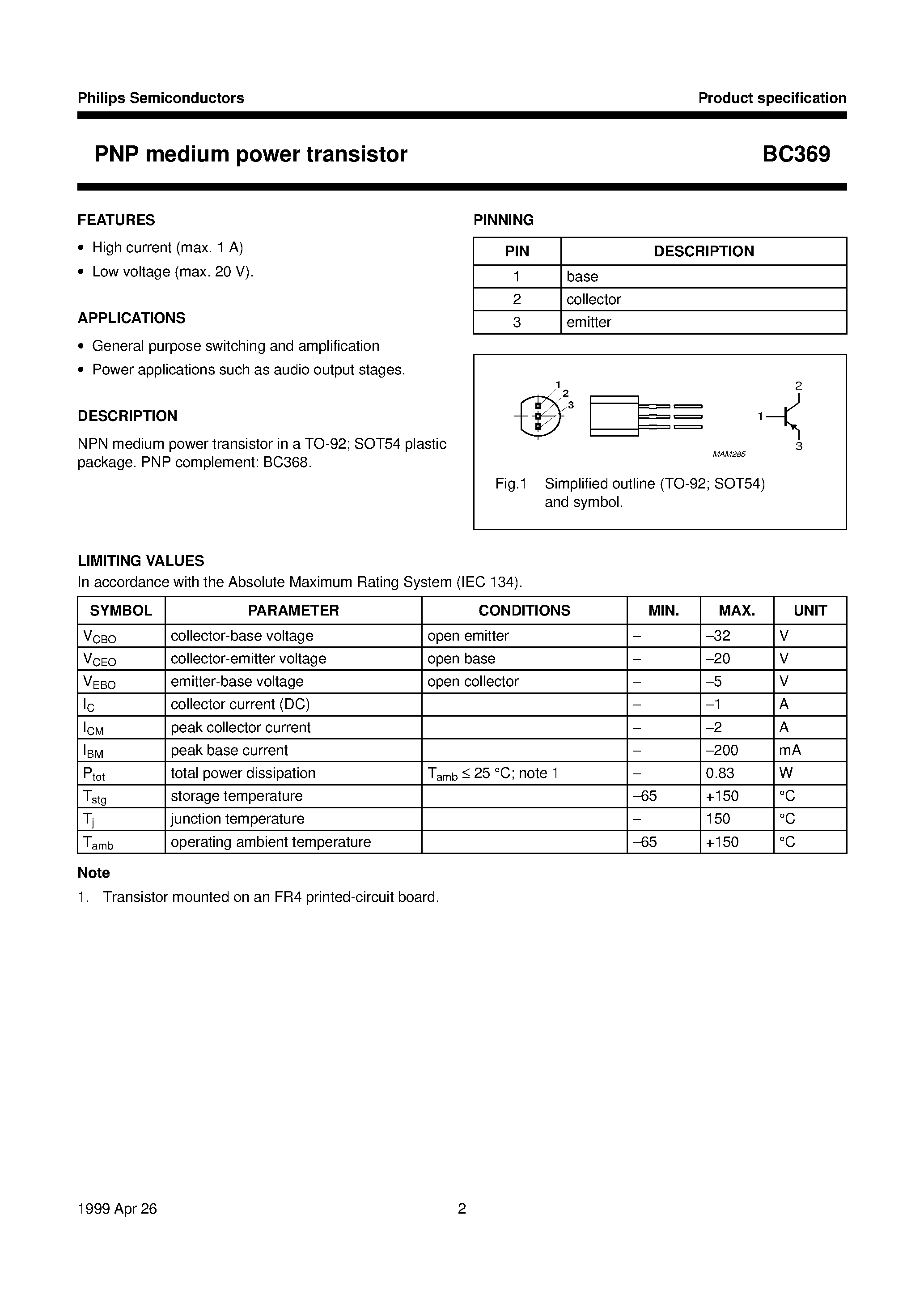 Datasheet BC369 page 2 Datasheet BC369 - PNP medium power transistor page 2