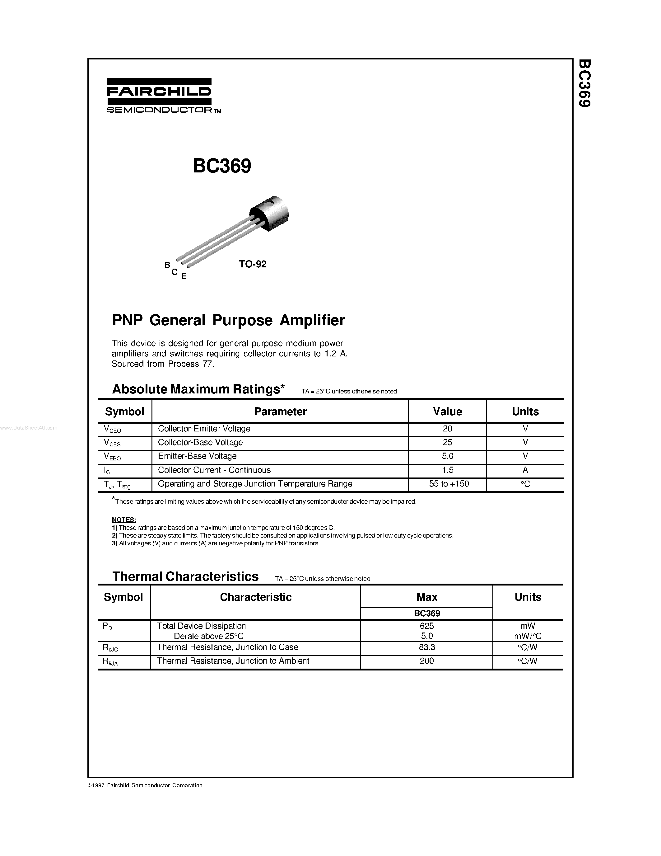 Даташит BC369 - PNP General Purpose Amplifier страница 1