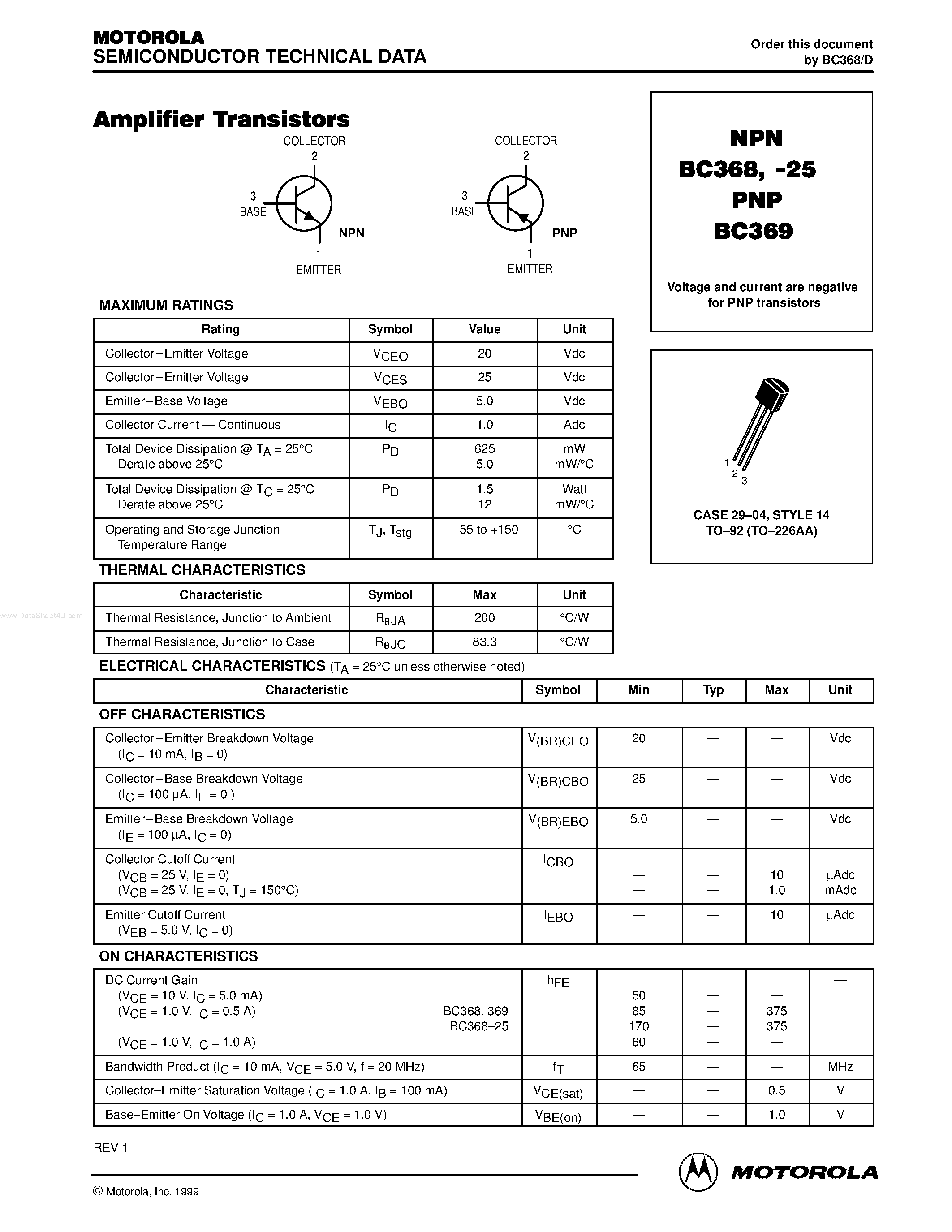 Datasheet BC369 - Amplifier Transistors page 1