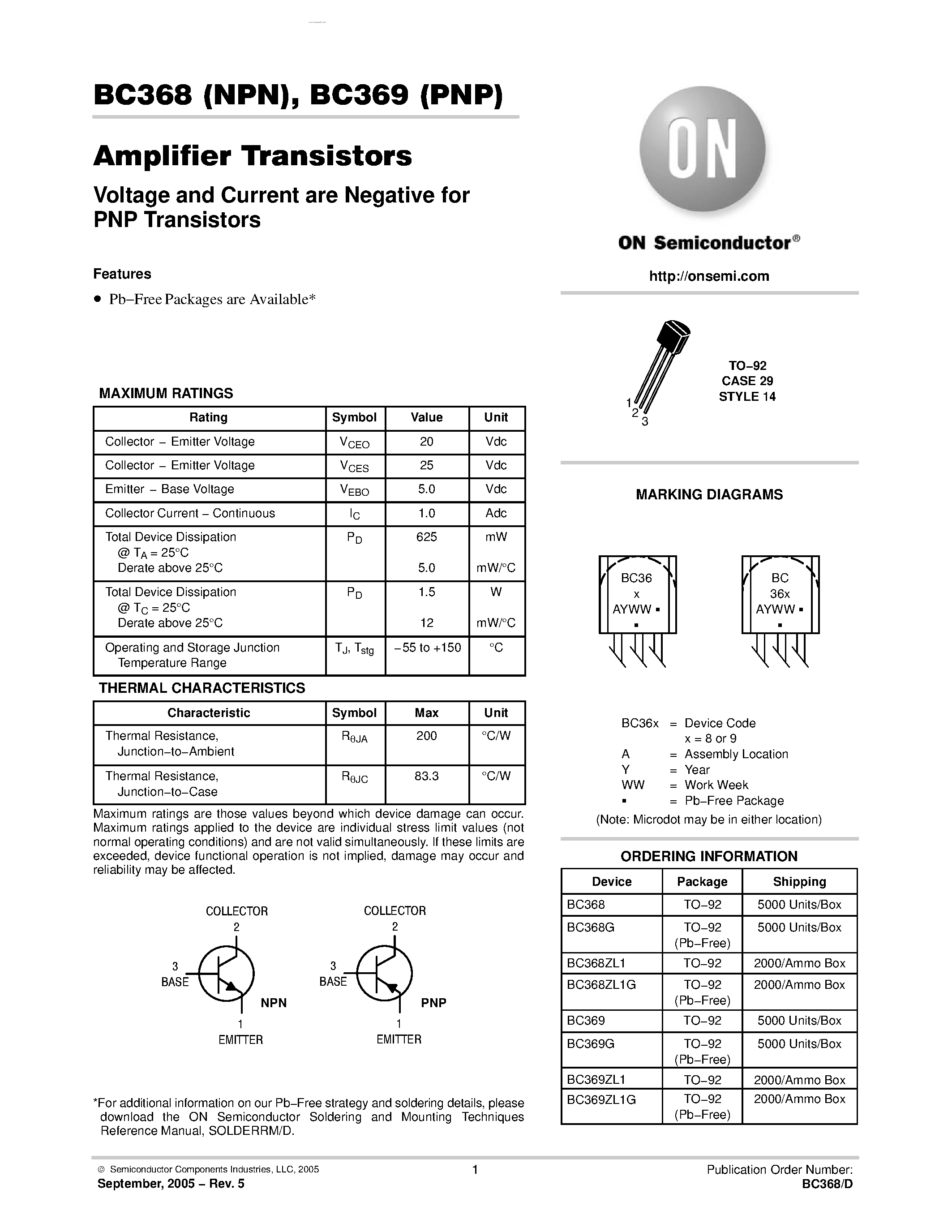 Даташит на микросхему BC369 страница 1 Даташит BC369 - Amplifier Transistors страница 1