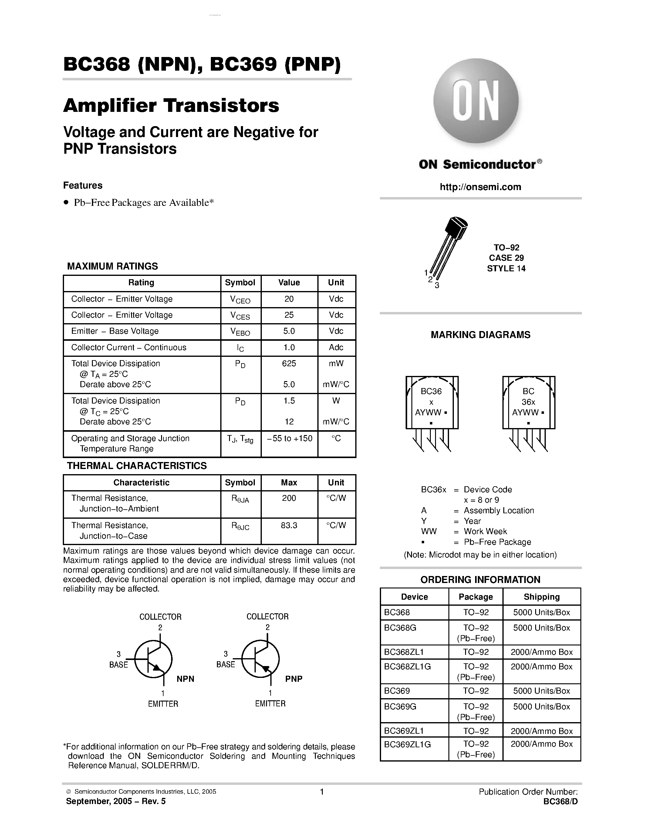 Даташит BC369 - Amplifier Transistors страница 1