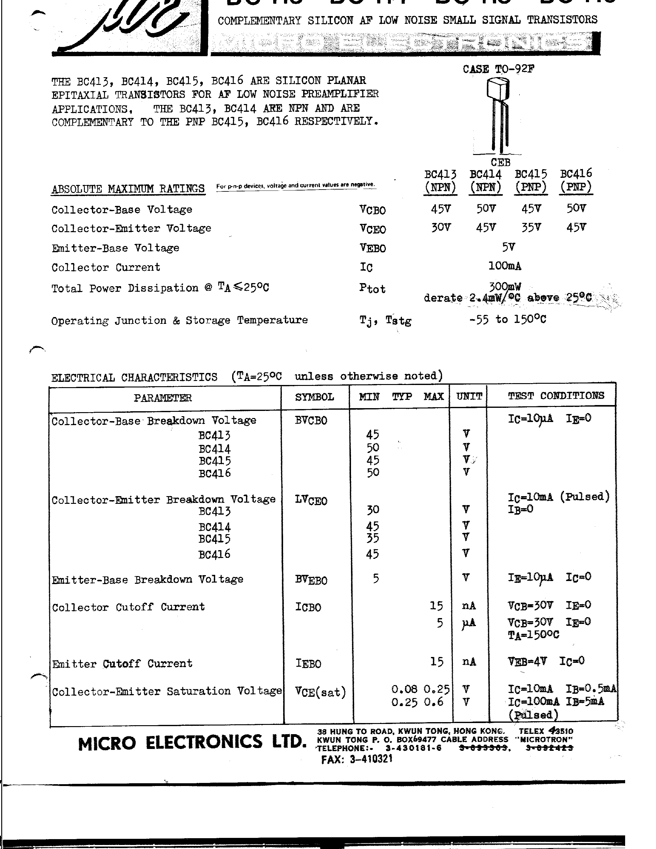 Даташит BC415 - SILICON PLANAR EPITAXIAL TRANSISTORS страница 1