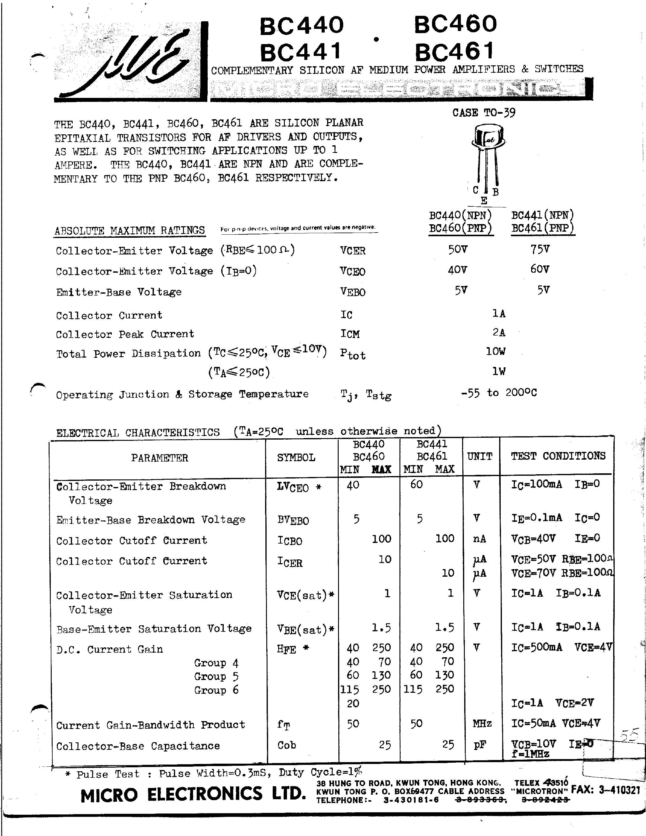 Даташит BC441 - COMPLEMENTARY SILICON AF MEDIUM POWER AMPLIFIERS & SWITCHES страница 1