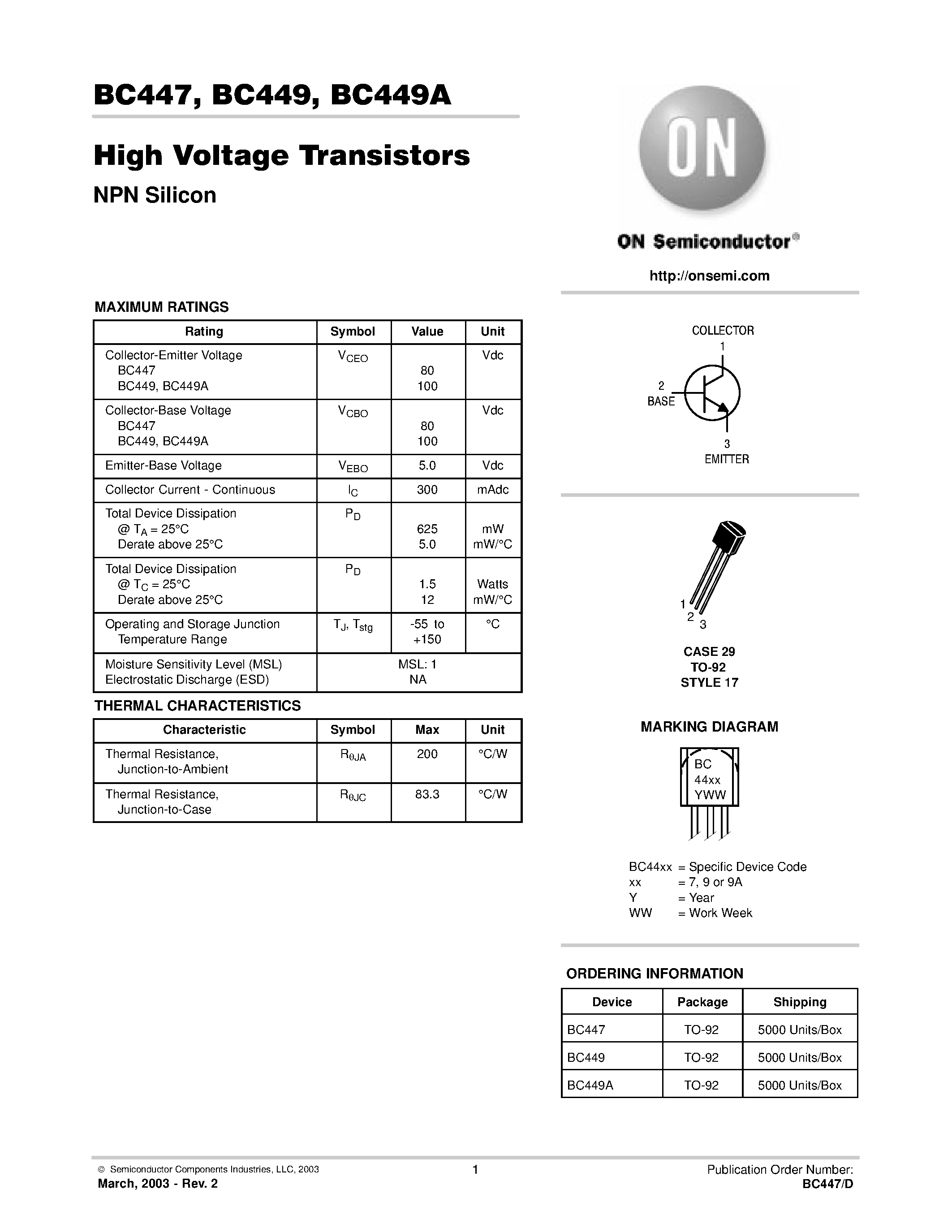 Даташит BC449A - High Voltage Transistors страница 1