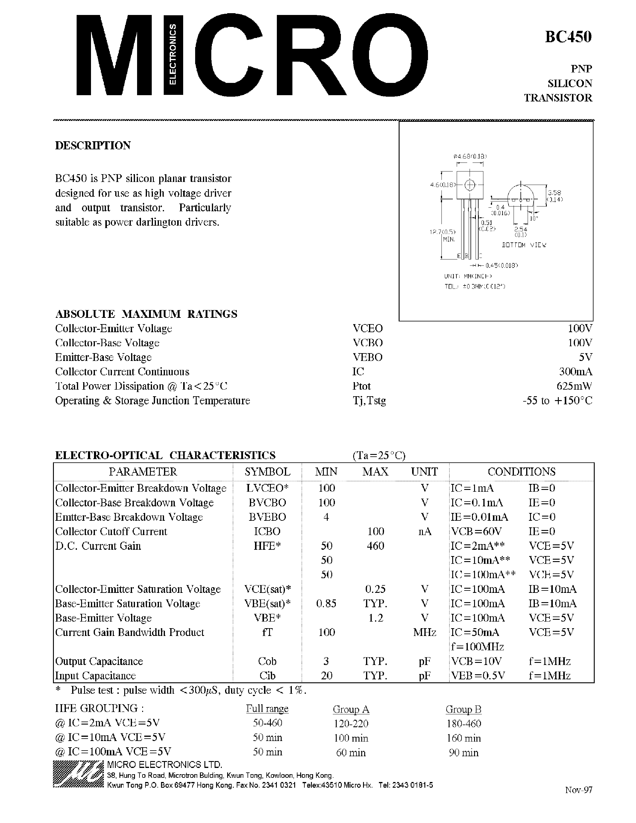 Даташит BC450A - High Voltage Transistors страница 1