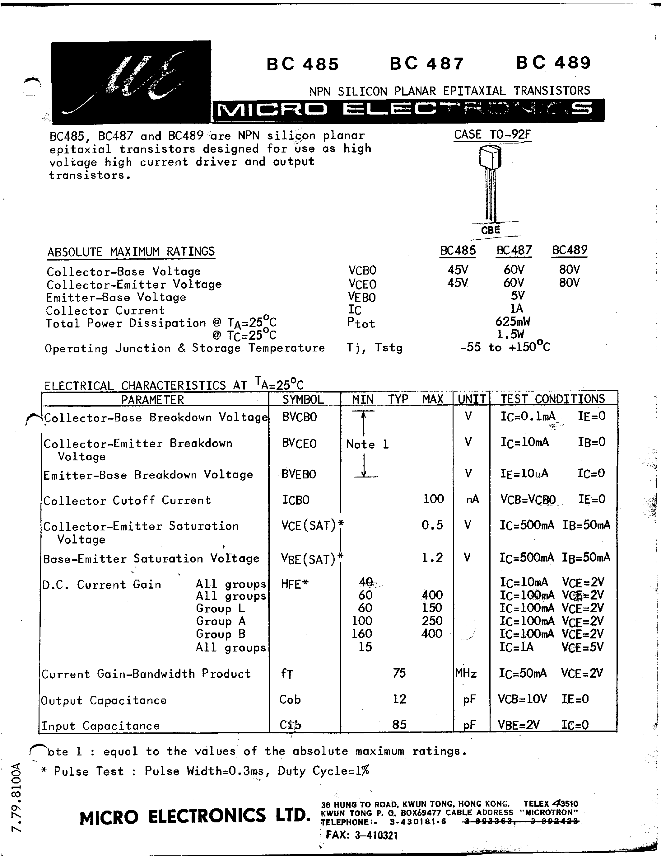 Даташит BC489A - High Current Transistors страница 1