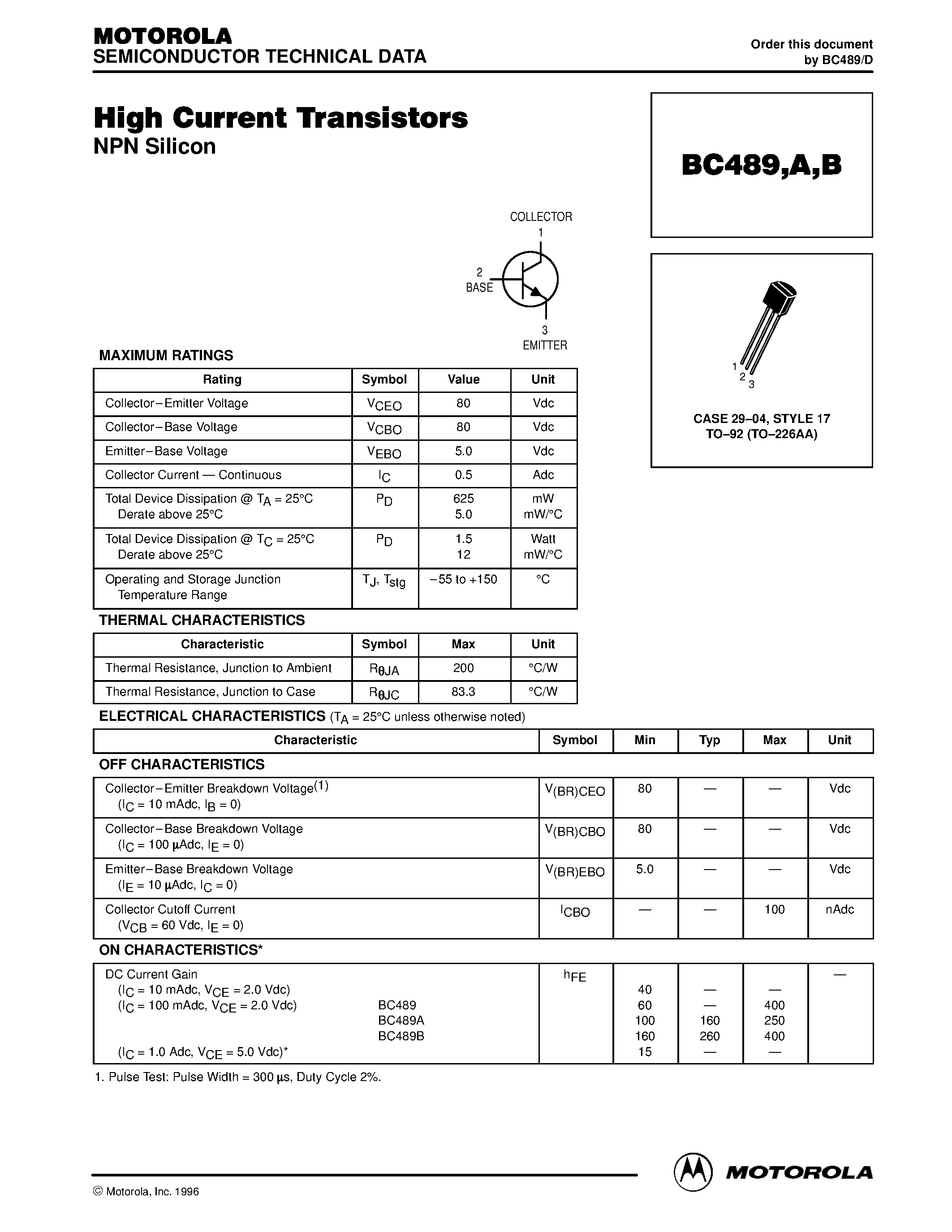 Даташит BC490 - High Current Transistors страница 1