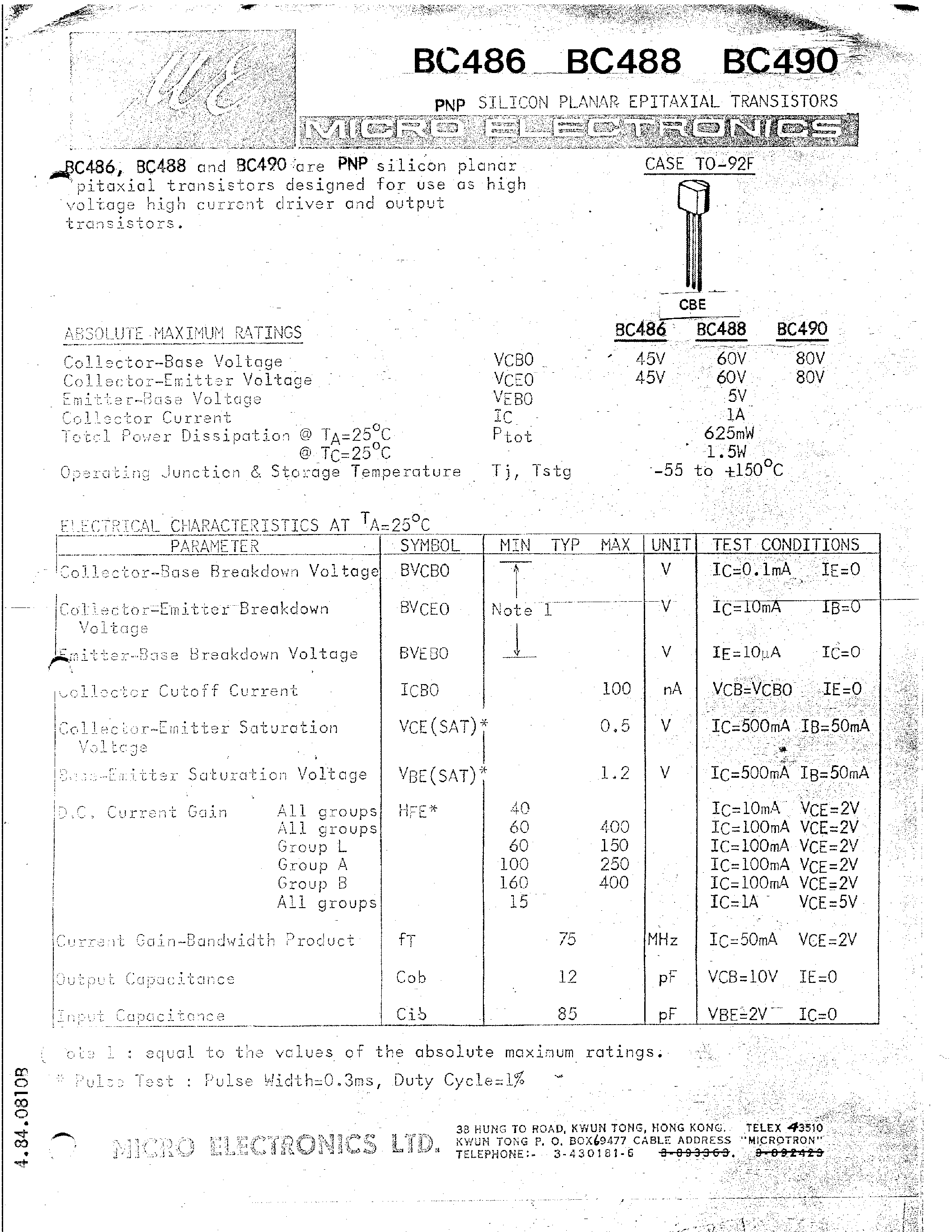 Даташит BC490A - High Current Transistors страница 1