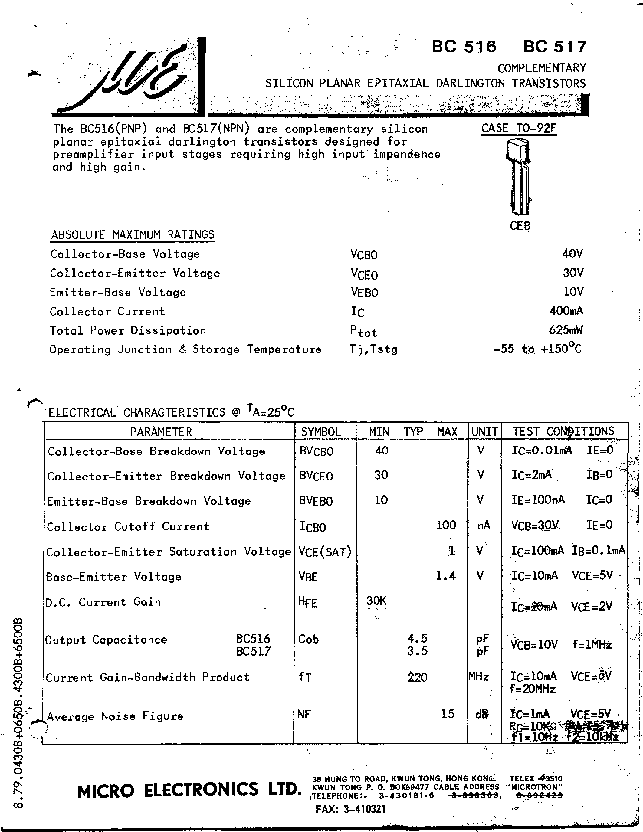 Даташит BC517 - Darlington Transistors страница 1