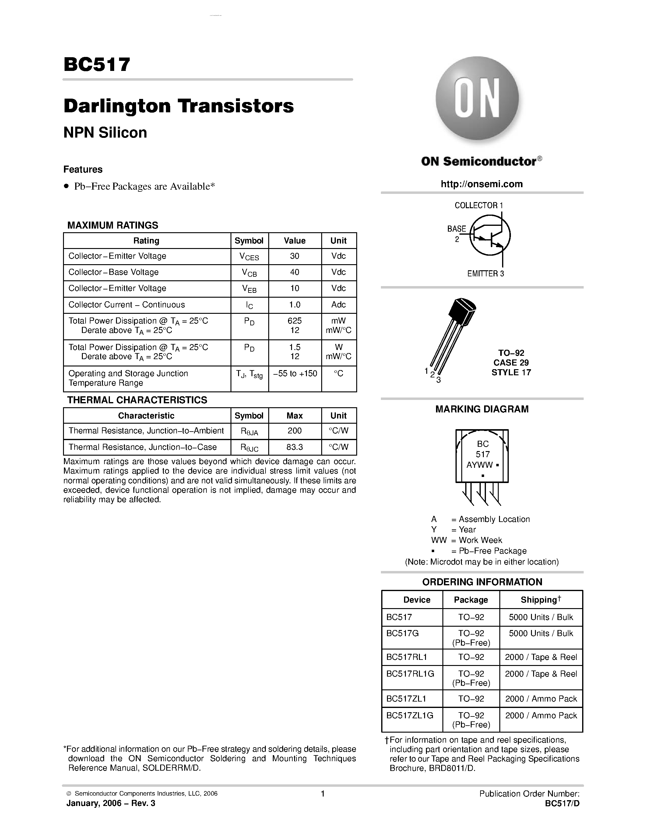 Даташит BC517 - Darlington Transistors(NPN Silicon) страница 1