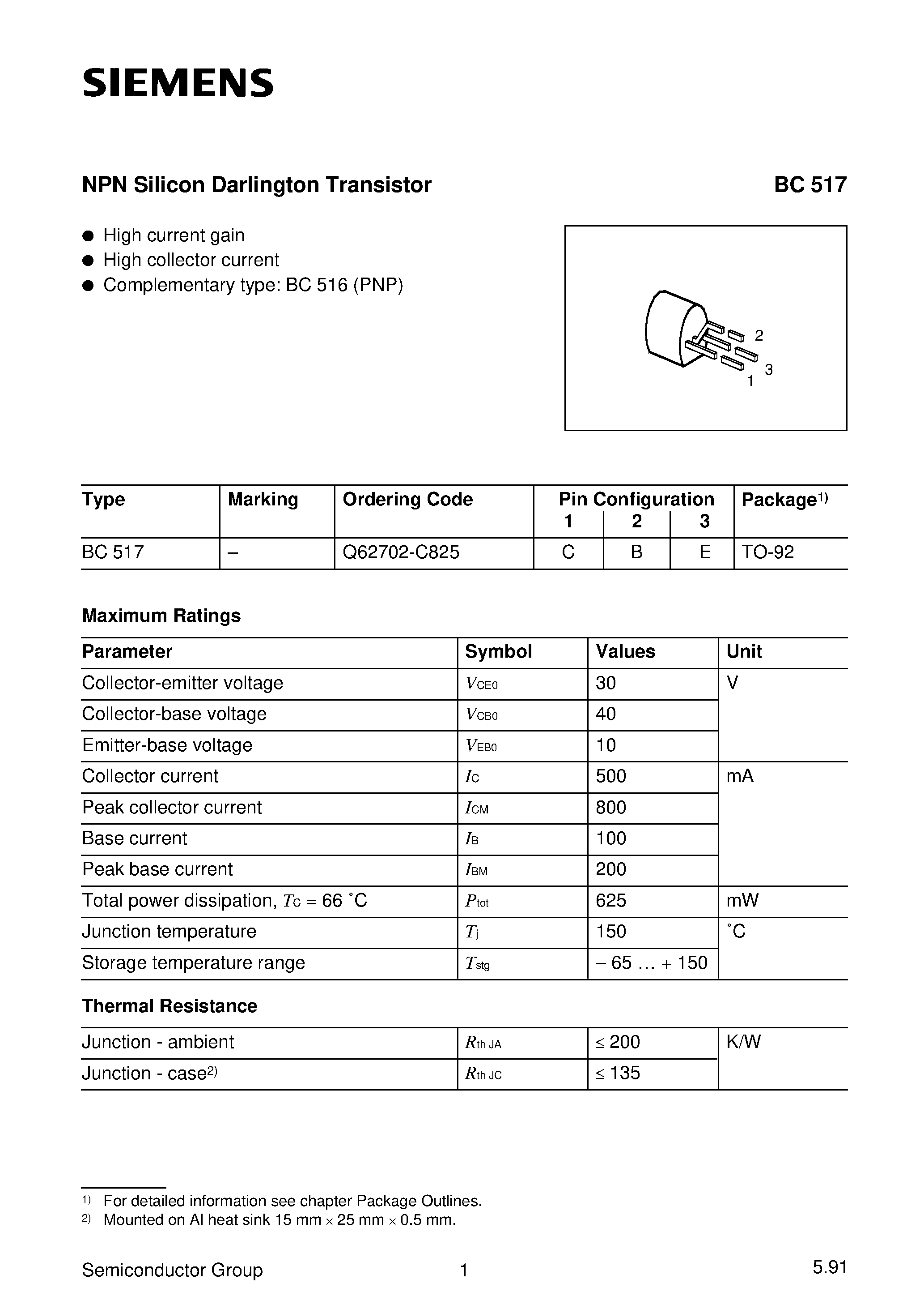 Datasheet BC517 page 1 Datasheet BC517 - EPITAXIAL PLANAR NPN TRANSISTOR (GENERAL PURPOSE HIGH DARLINGTON TRANSISTOR) page 1